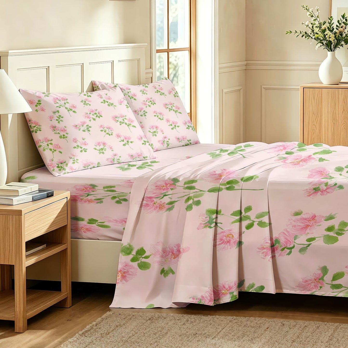 Pink Flower California King Sheet Set Botanical Flat Fitted Sheet Sets