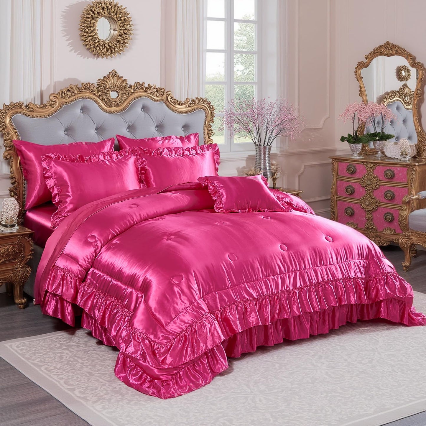 Satin Bed Set King Size,Luxuxy Satin Comforter Set with Sheets,Hot Pink Comforter Set,Silk Like Satin Bedding,8-Piece Ruffle Comforter Bed in a Bag Set, Pink Aesthetic Bedding Set