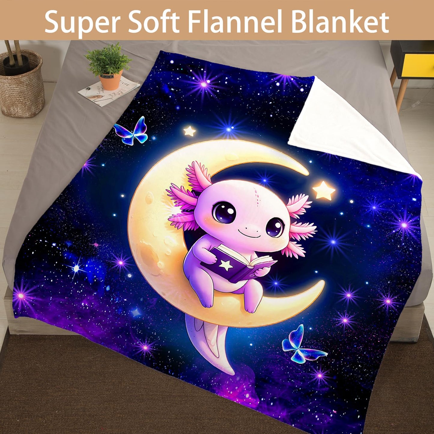 HOSIMA Kawaii Axolotl Blanket for Kids,Axolotl Sitting on Moon Reading Book,Butterflies Pattern Aesthetic Flannel Galaxy Blanket for Girls Sofa Bedroom Decor,59L*47W.