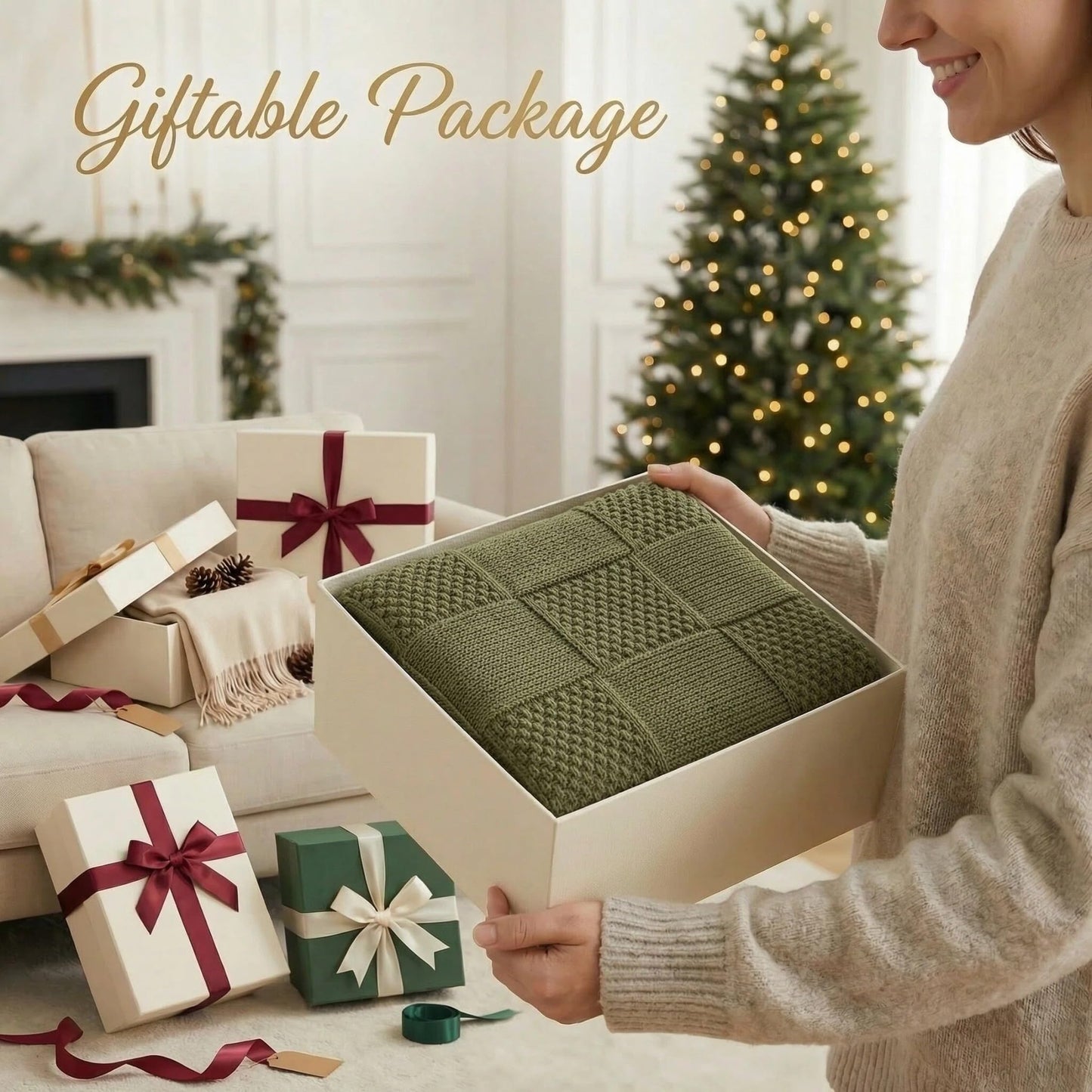 Ovelindra Checkered Knit Throw Blanket, Olive Green 50x60 Inches, Soft Warm Knitted Blanket for Couch, Sofa, Bed, Living Room, Bedroom, All Season Decorative Home Throw, Cozy Gift Blanket