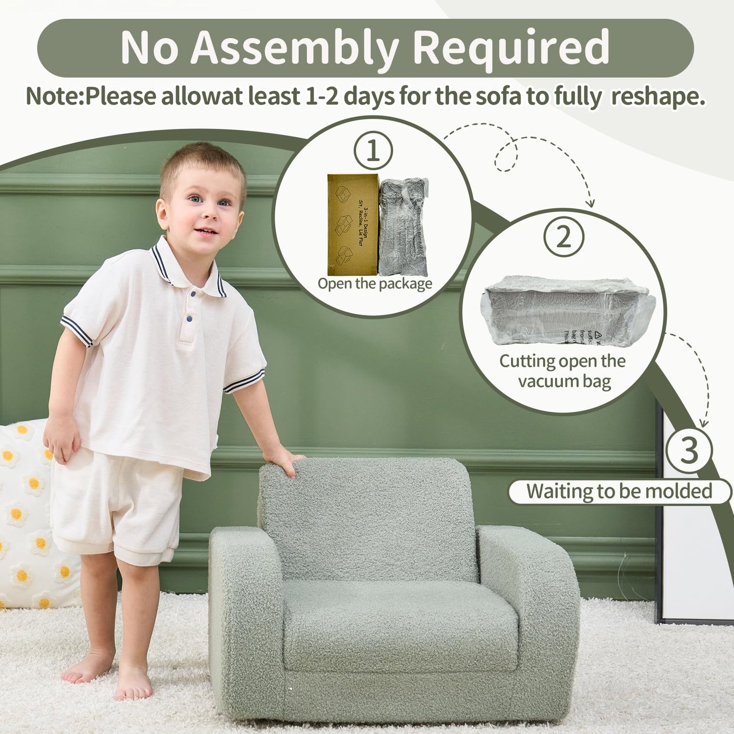 KidBloom 3-in-1 Kids Couch, Toddler Chairs Comfy 2–3 Years Old, Kid Sofa, Kids Couch Bed Fold Out, Gifts for 2 3 Year Old Girls Boys