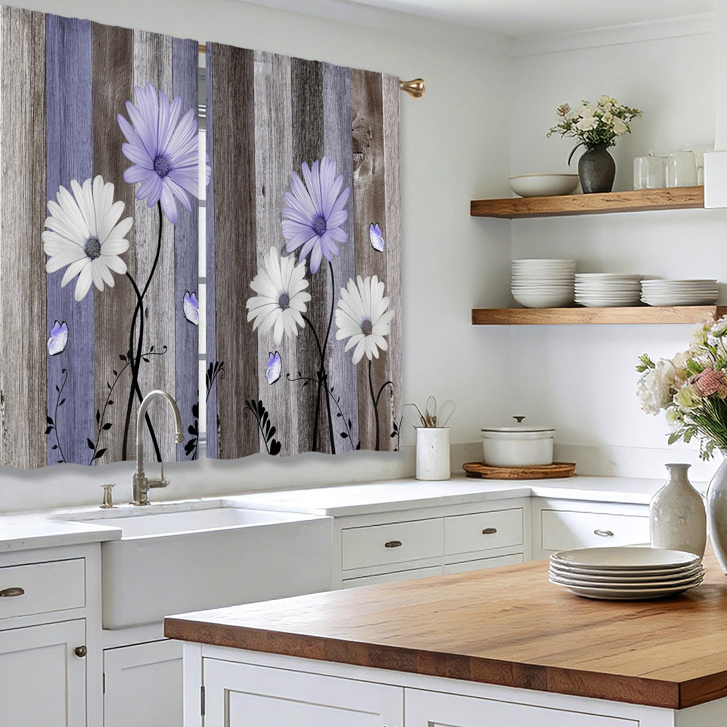 Cizuug Purple Farmhouse Daisy Kitchen Curtains Wooden Flower Small Short Cafe Window Curtains Rustic Floral Butterfly Country Bathroom Drapes Treatment Tier Curtains 2 Panels