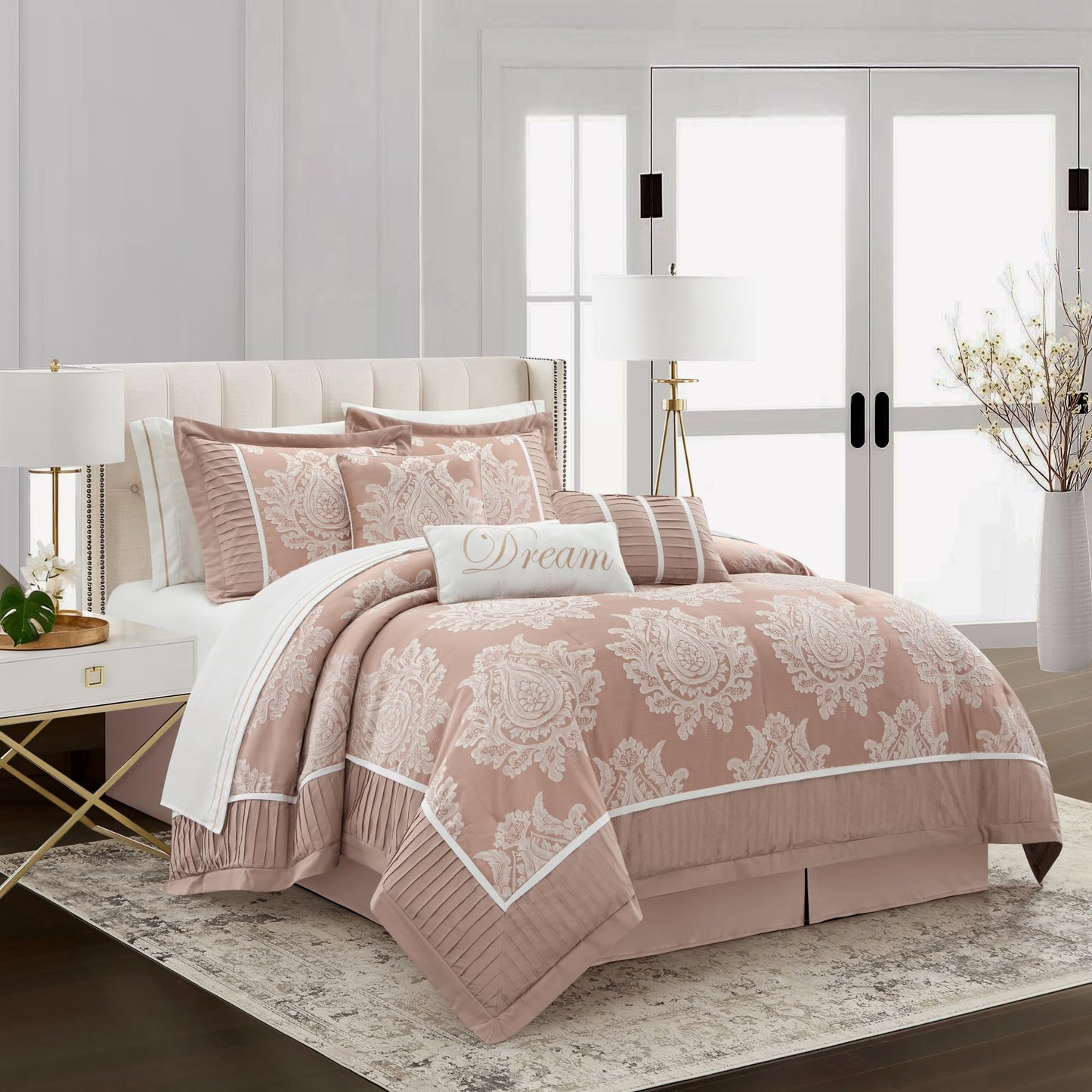 Stratford Park Blush Comforter Set King, 15 Pieces Room in a Bag, Elegant Patchwork Damask Jacquard Bedding Set, Matching Bedskirt, Flat Sheet, Fitted Sheet, Pillow Shams, Curtains