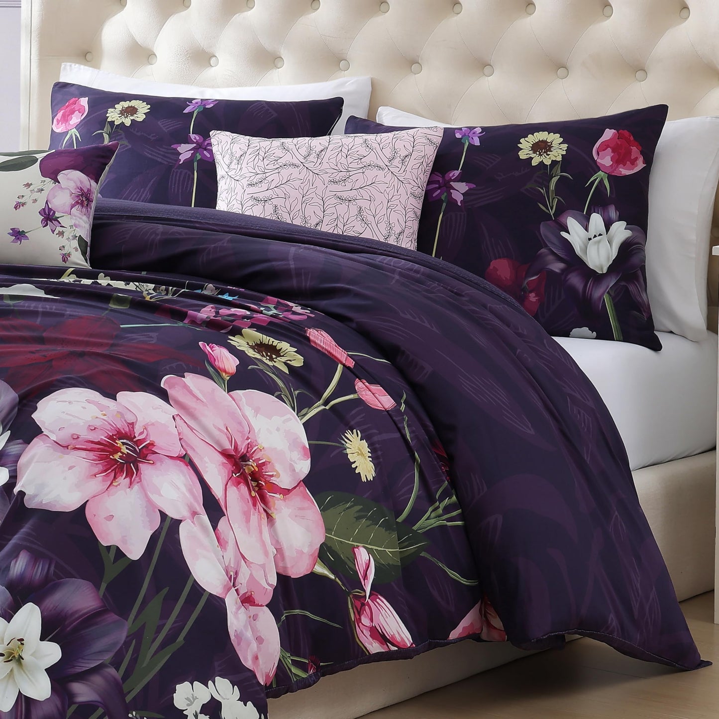 Bebejan Morning Glory 5 Piece Comforter Set, 100% Cotton Sateen, 220 Thread Count, Purple Floral Reversible Bedding Comforter Set, 1 Comforter, 2 Shams & 2 Pillows (King/Cal King)