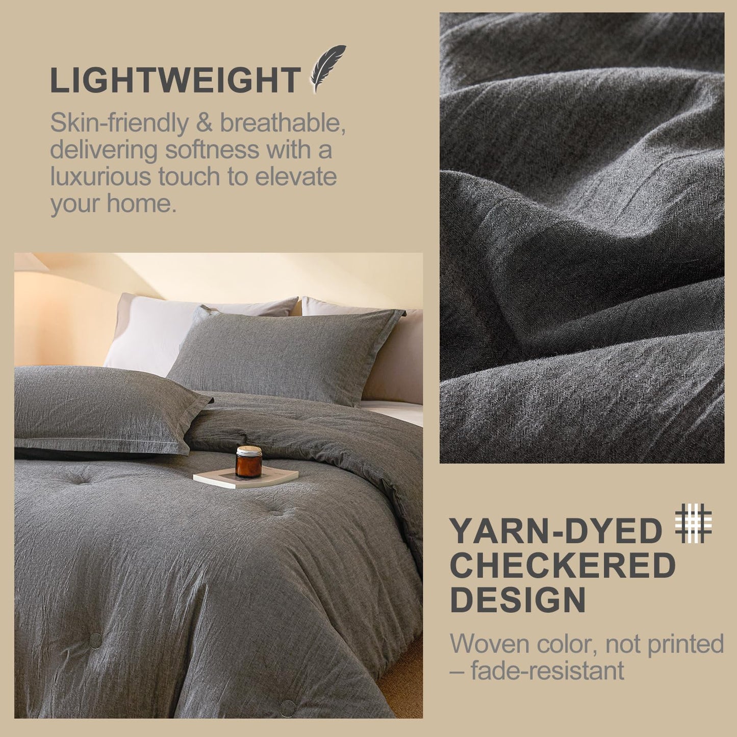 hadamick 100% Cotton Comforter Set Full Size – Reversible Yarn-Dyed Design, Soft Washed Cotton on Both Sides, Lightweight All-Season Bedding, Machine Washable(Black Grey, 80”x90”)