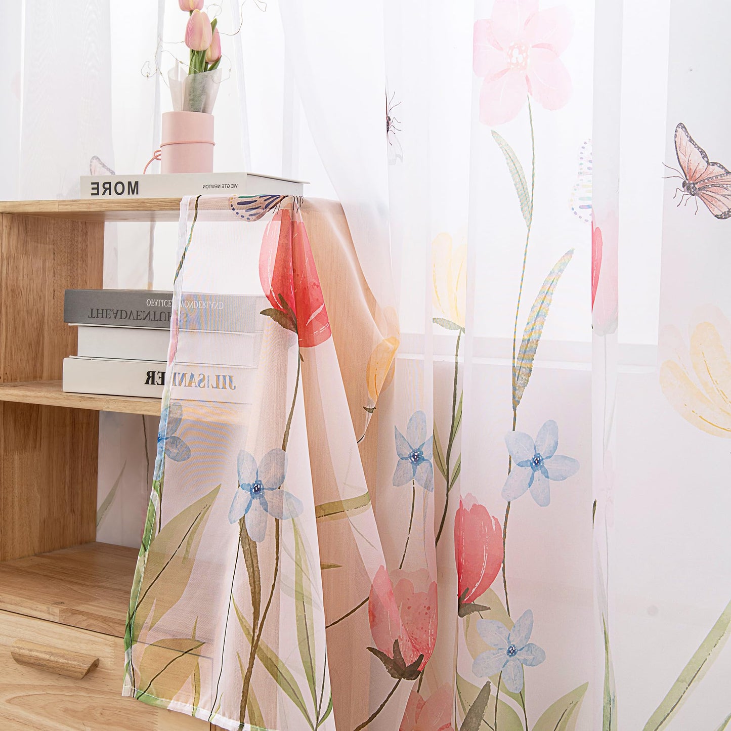 youleyar Floral Sheer Curtains for Living Room 63 Inches Long 2 Panels White Semi-Sheer Curtain with Flower/Butterfly Printed Pattern Summer/Spring Rod Pocket Voile Drapes for Bedroom, W52 x L63