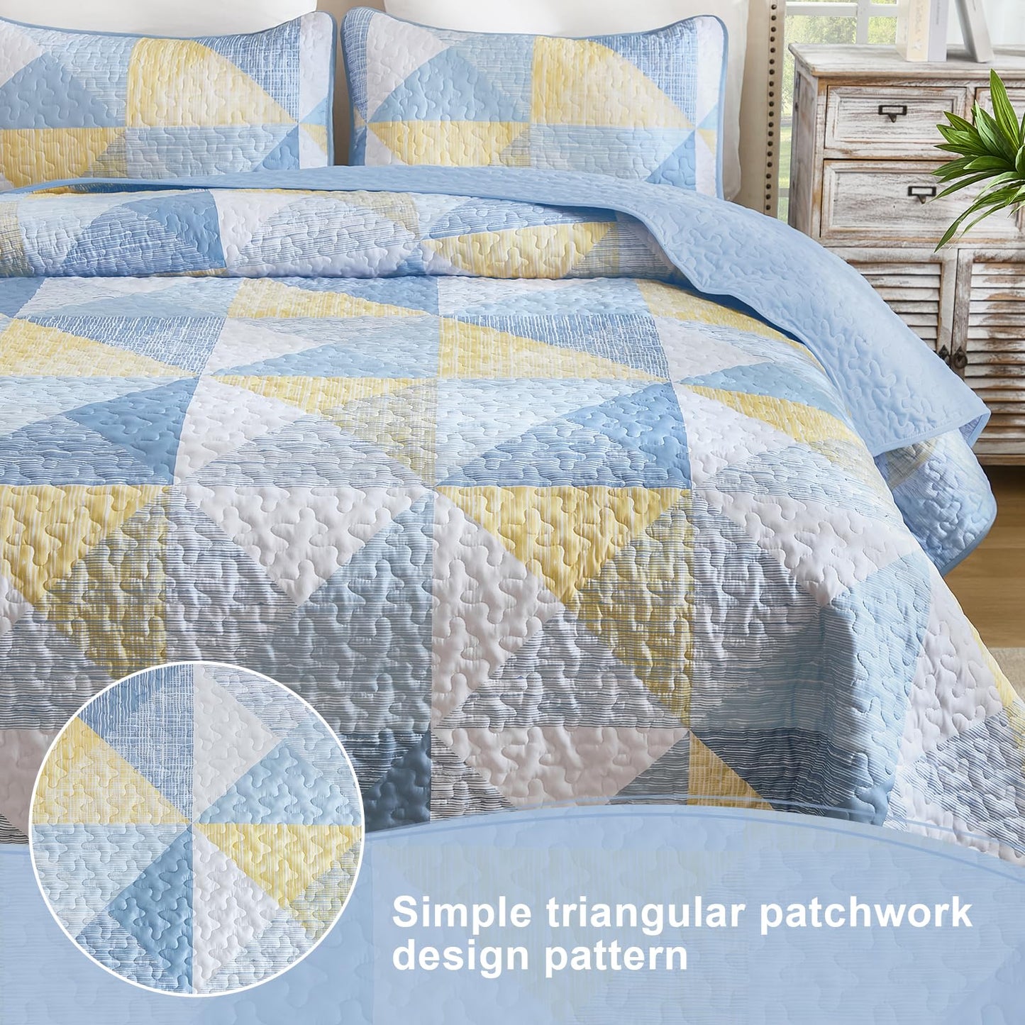 Dintszyayue Quilt Queen Size, 3 Pieces Patchwork Blue Yellow Bedspread Bedding, Soft Lightweight Microfiber Geometric Coverlet Set for All Spring Quilt with 2 Pillowcases90 x96