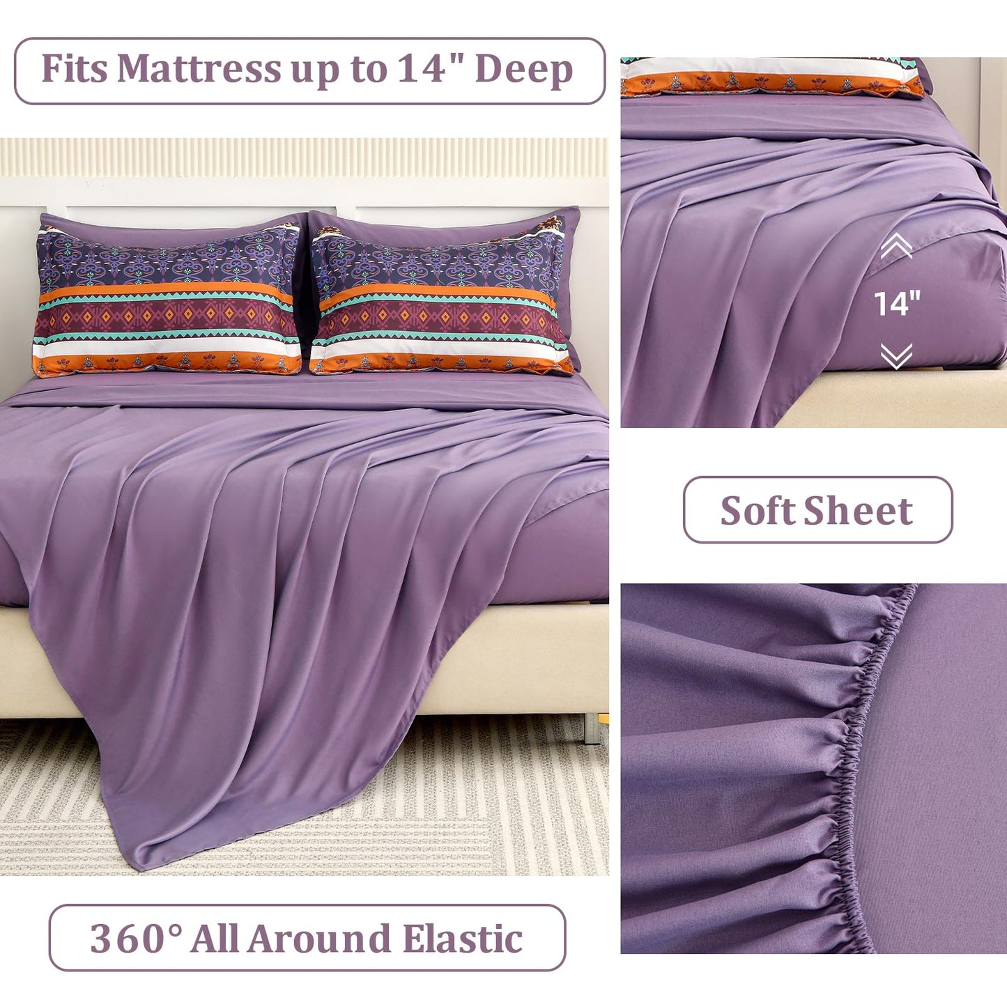 WONGS BEDDING Boho Comforter Set King Size,7 Pieces Bohemian Striped Bedding Comforter Set Bed in a Bag,Purple Paisley Floral Comfortet and Sheet Set,Soft Microfiber Bedding Sets for All Season
