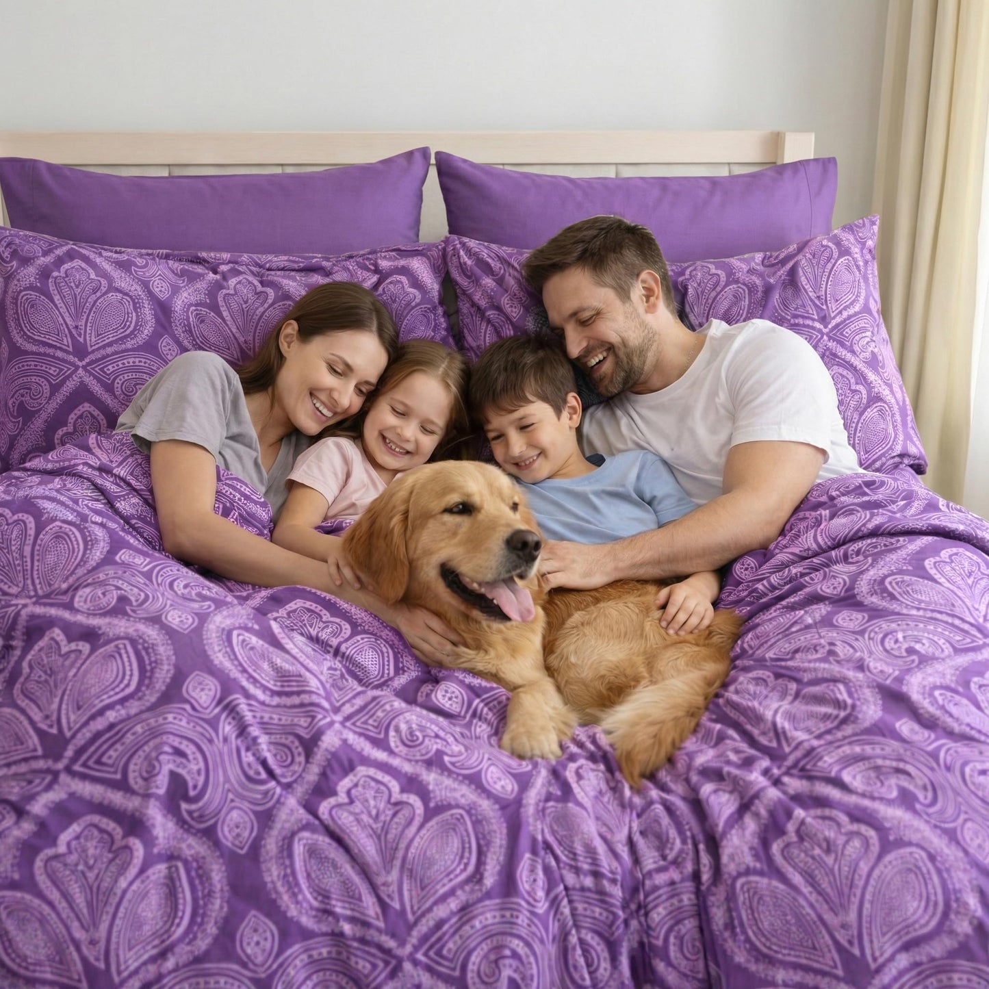 Ultra Soft Wrinkle-Free Microfiber Paisley King Sheet Set, Cute Floral Pattern Boho Print – 16" Deep Pocket Fitted Sheet, Flat Sheet & 4 Pillowcases, Breathable, OEKO-TEX - Purple