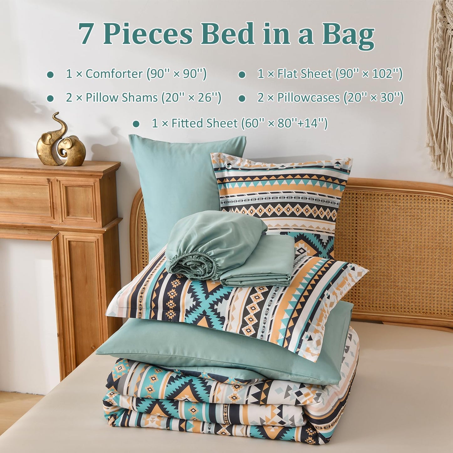 Dinjoy Turquoise Boho Comforter Set Queen Size,7 Pieces Bed in a Bag Queen Aztec Bedding with Sheets Bohemian Geometric Striped Complete Set for Spring Summer Fall Winter 90"x90"