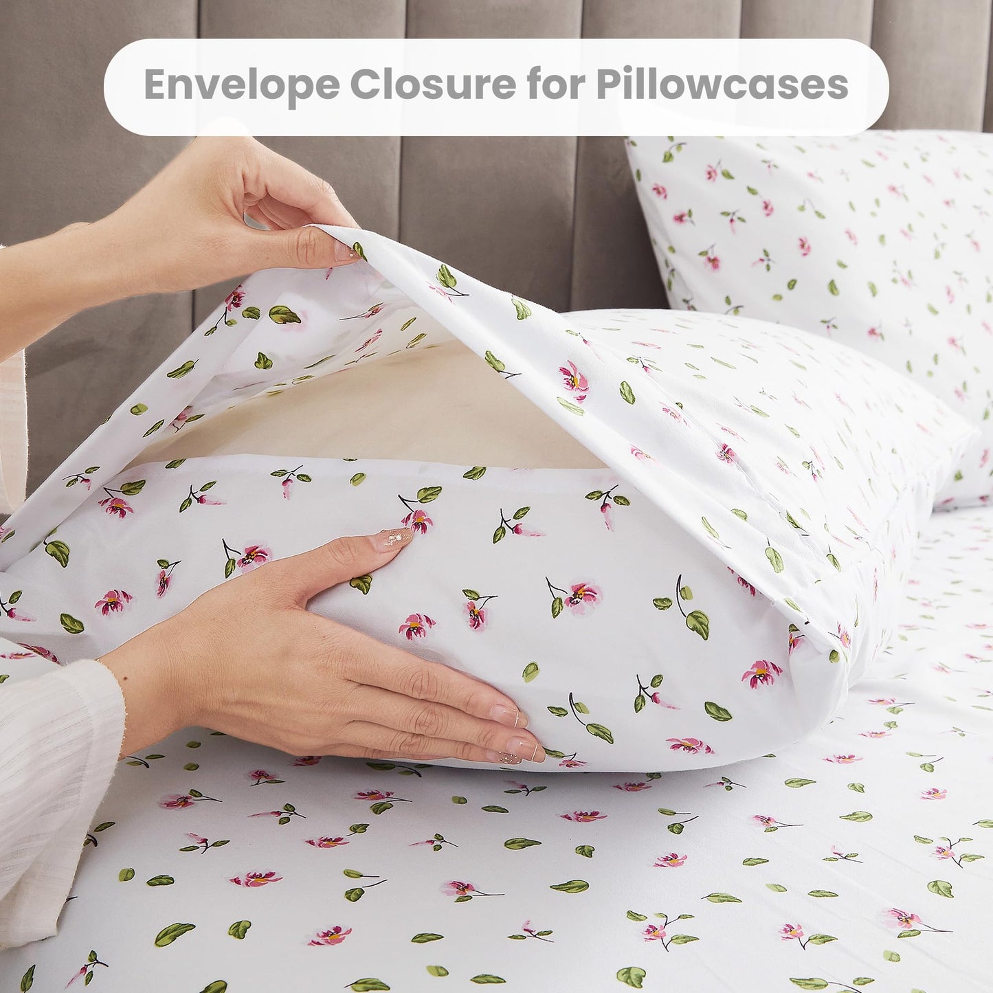 Mooreeke Queen Sheets Set - 4 Pieces Soft Breathable Microfiber Bed Sheet Set - Pink Flower Green Leaf Pattern Sheet Set - Deep Pocket Non-Slip Floral Printed Fitted Sheet Included for All Season