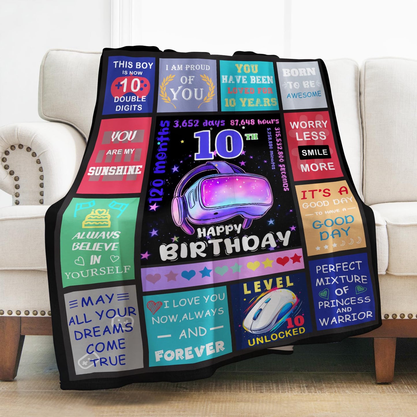 Levens Cute 10 Gifts for Kids, 10th Birthday Throw Blanket Gifts for Girls Boys, 10 Year Old Girl Birthday Gift Ideas, Happy 10th Birthday Presents for 10 Year Old Blanket 60"x50"