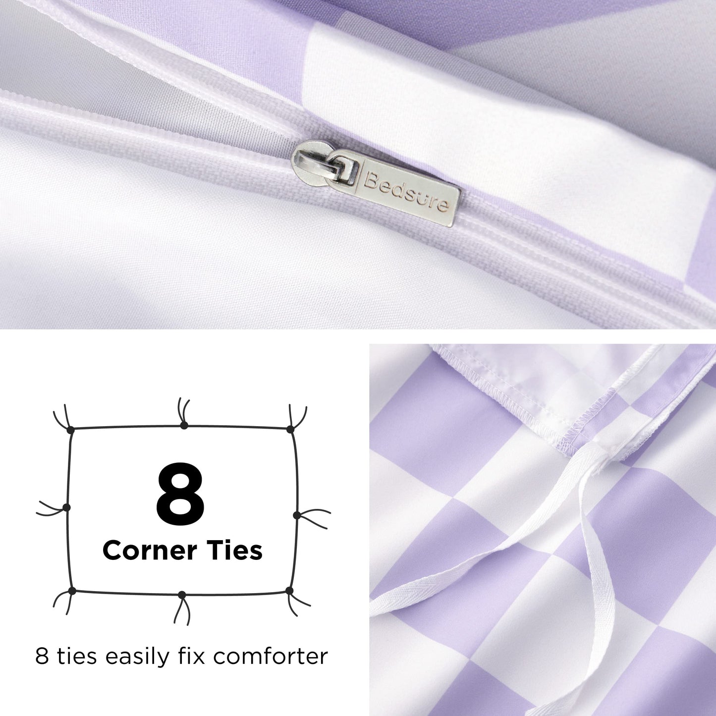 Bedsure Duvet Cover King Size - Reversible Checked Plaid Duvet Cover Set with Zipper Closure, 3 Pieces Purple Bedding Set with 8 Corner Ties and 2 Pillow Shams 20"x36"
