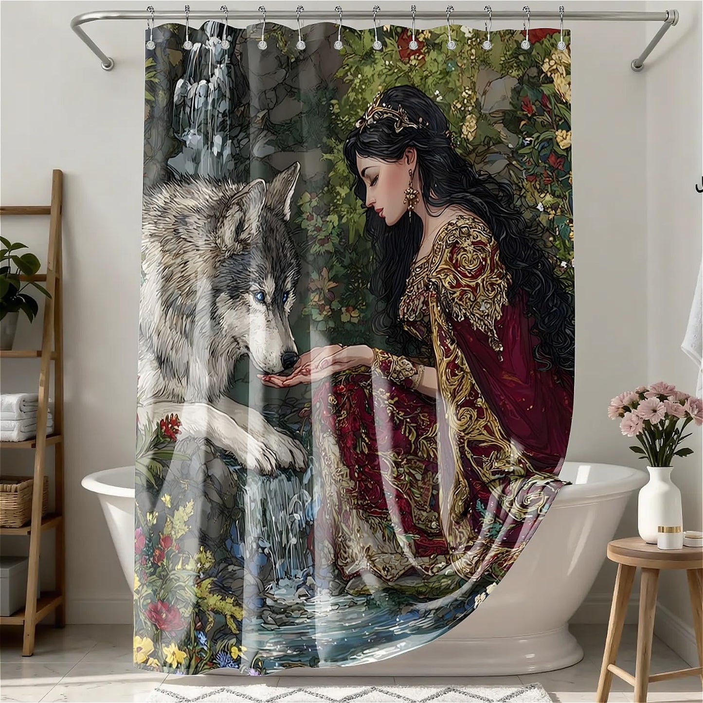 TANGXUNFA Princess and the Wolf Shower Curtain for Bathroom, Water-Resistant Long Shower Curtain Set 72x72 Inch with Metal Grommets and 12 Metal Hooks