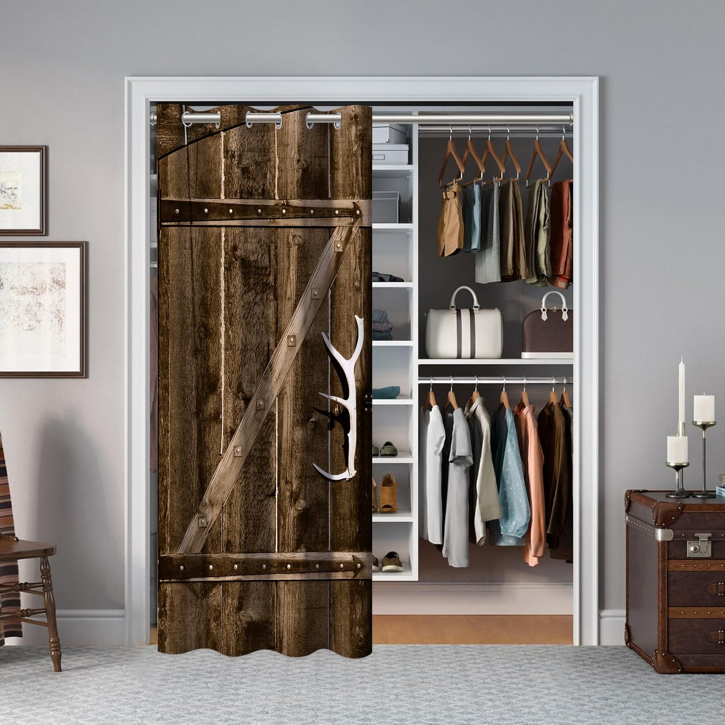 Barn Wood Door Curtains for Doorways, Rustic Village Art Antique Country Blackout Curtain for Kids Bedroom Closet, Grommet Thermal Insulated Privacy Door Drapes for Room Divider, 34"W x 80"L