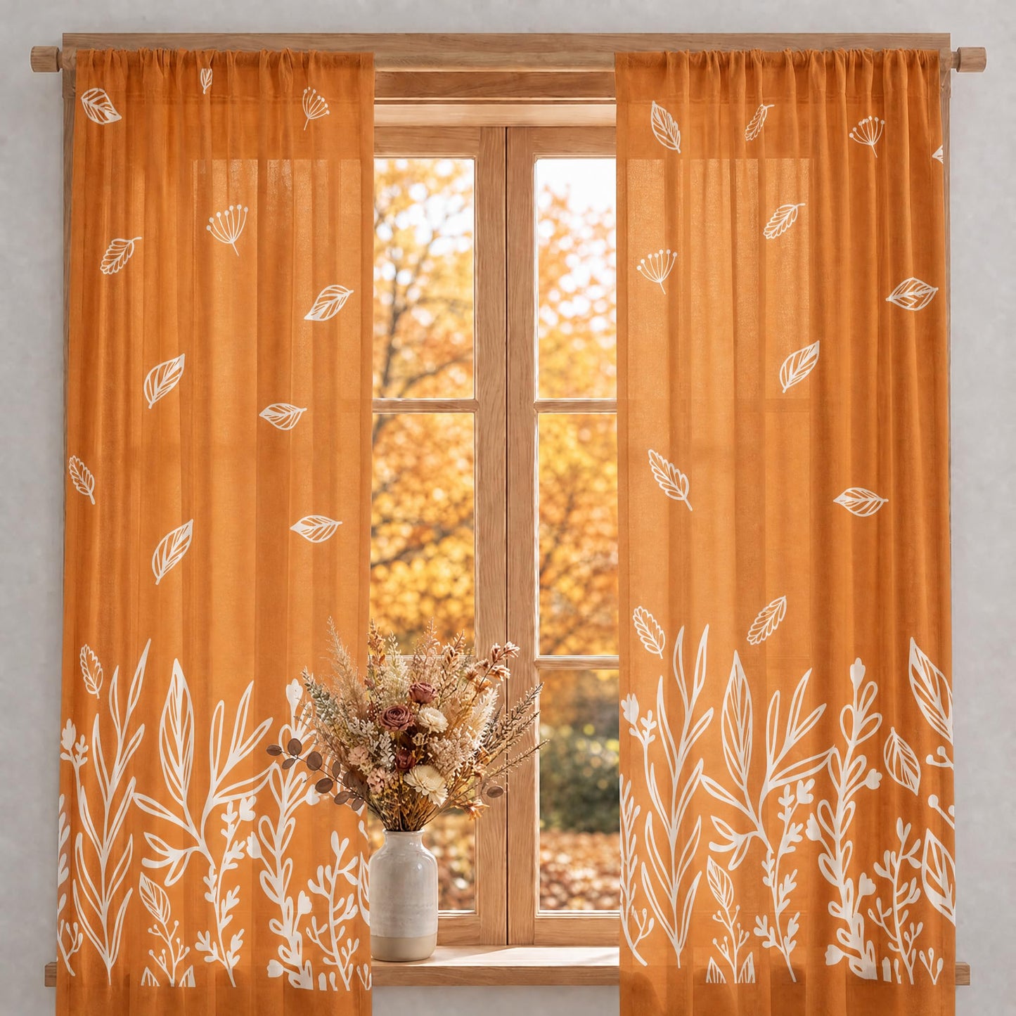 Horaldaily Fall Sheer Curtains for Living Room and Bedroom, Thanksgiving Autumn Harvest Orange Wild Flowers Window Curtains, Rod Pocket, 52" W x 84" L, Set of 2 Curtain Panels