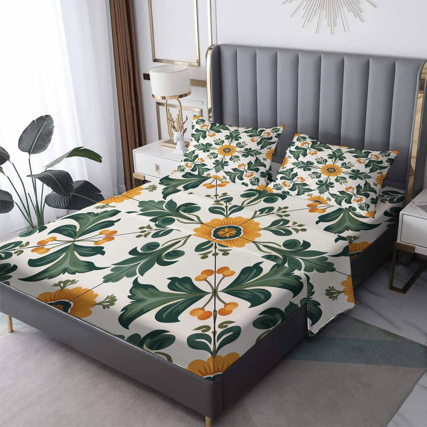 NOGAWA Ethnic Vintage Floral Sheets Queen, Boho Flower Bed Sheets, Deep Pocket & Soft Microfiber Bedding Sheets & Pillowcases 4 Piece - Fitted Sheet & Flat Sheet & 2 Pillow Cases