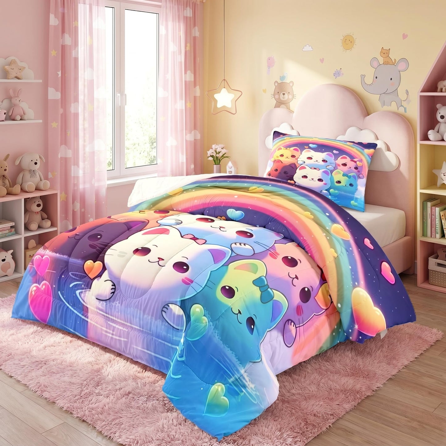 Jiospet Rainbow Cat Comforter Twin Size - Cat Bedding for Girls Room Cute Cartoon Rainbow Bedding Twin Sets for Kids, 1 Comforter+1 Pillowcase