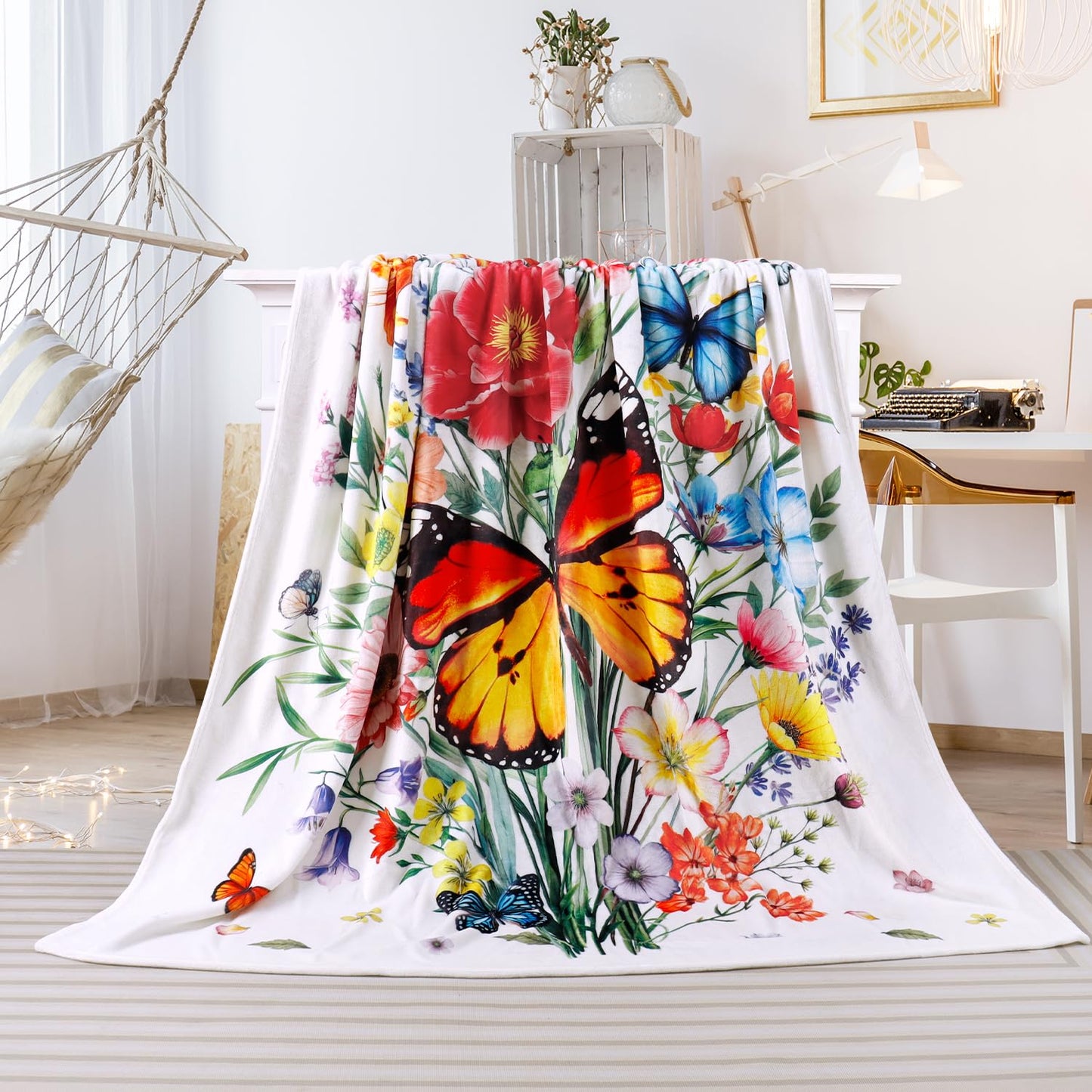 Floral Blanket Ultra Soft Butterfly Flowers Throw Blankets Wildflower Leaves Flannel Fleece Throw Watercolor Warm Cozy Fuzzy Plus Gift Cabin Blanket for Bed Sofa,60" X 80"