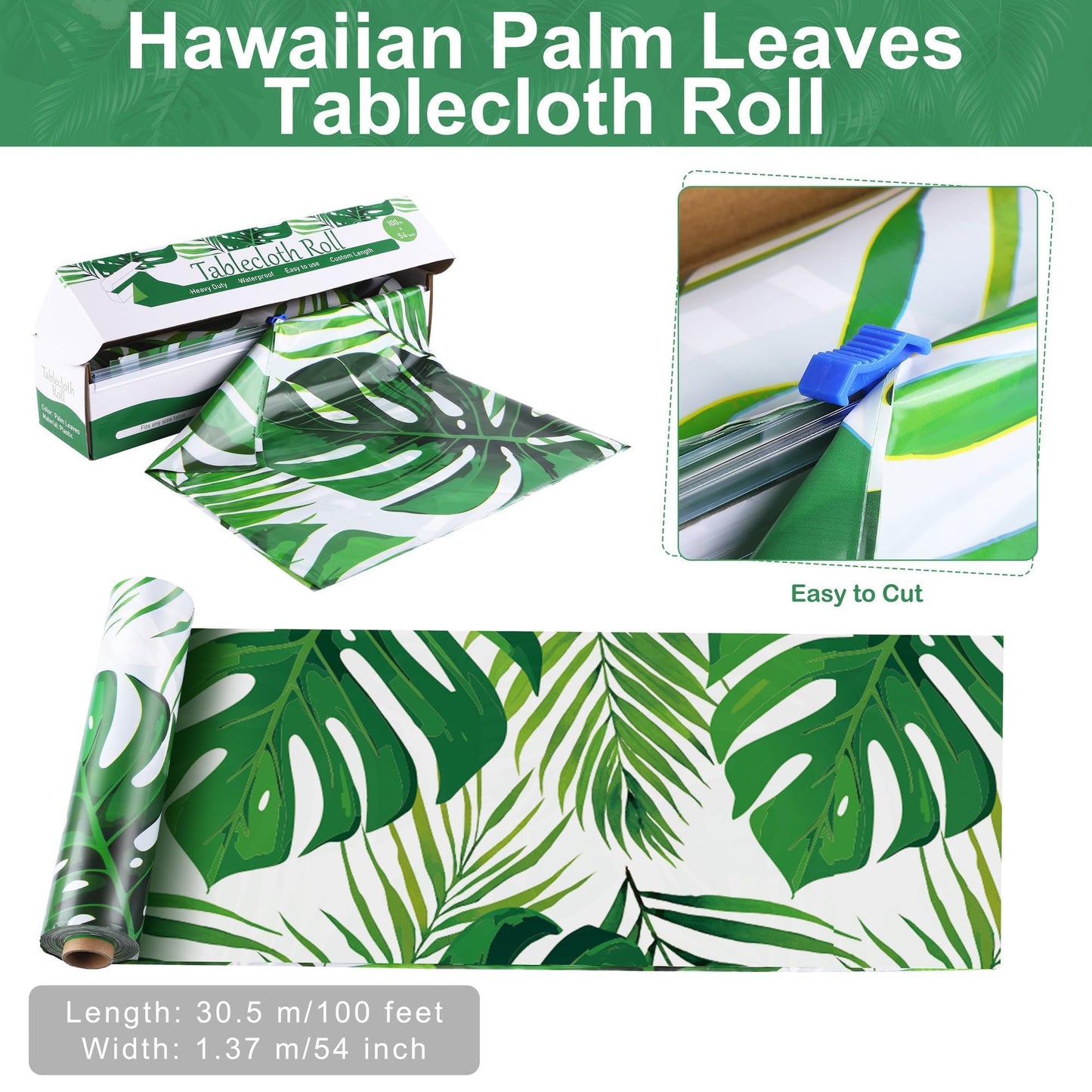 Kochorie 100 Ft x 54 Inch Palm Leaves Tablecloth Roll with Cutting Box Hawaiian Luau Tablecloths Disposable Aloha Tropical Table Cover Backdrop for Hawaii Birthday Summer Beach Tropical Party Supplies