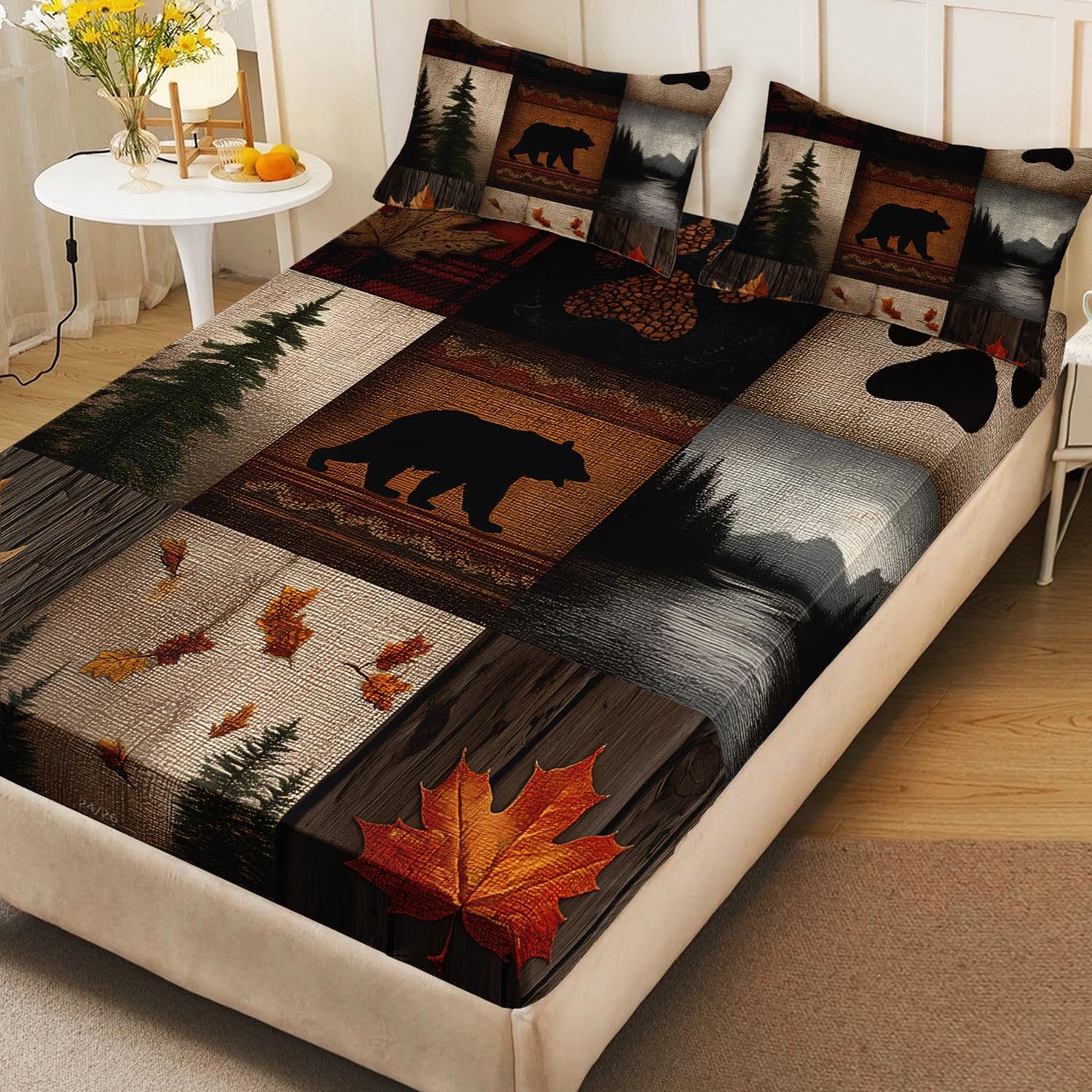 HOSIMA Twin Bedding Sets,Bear Maple Leaf Pine Tree Pattern Forest Rustic Fitted Sheet for Hunting Room Decor,Brown Plaid Patchwork Bedding for Adults Room Decor,1 Fitted Sheet+2 Pillowcases.