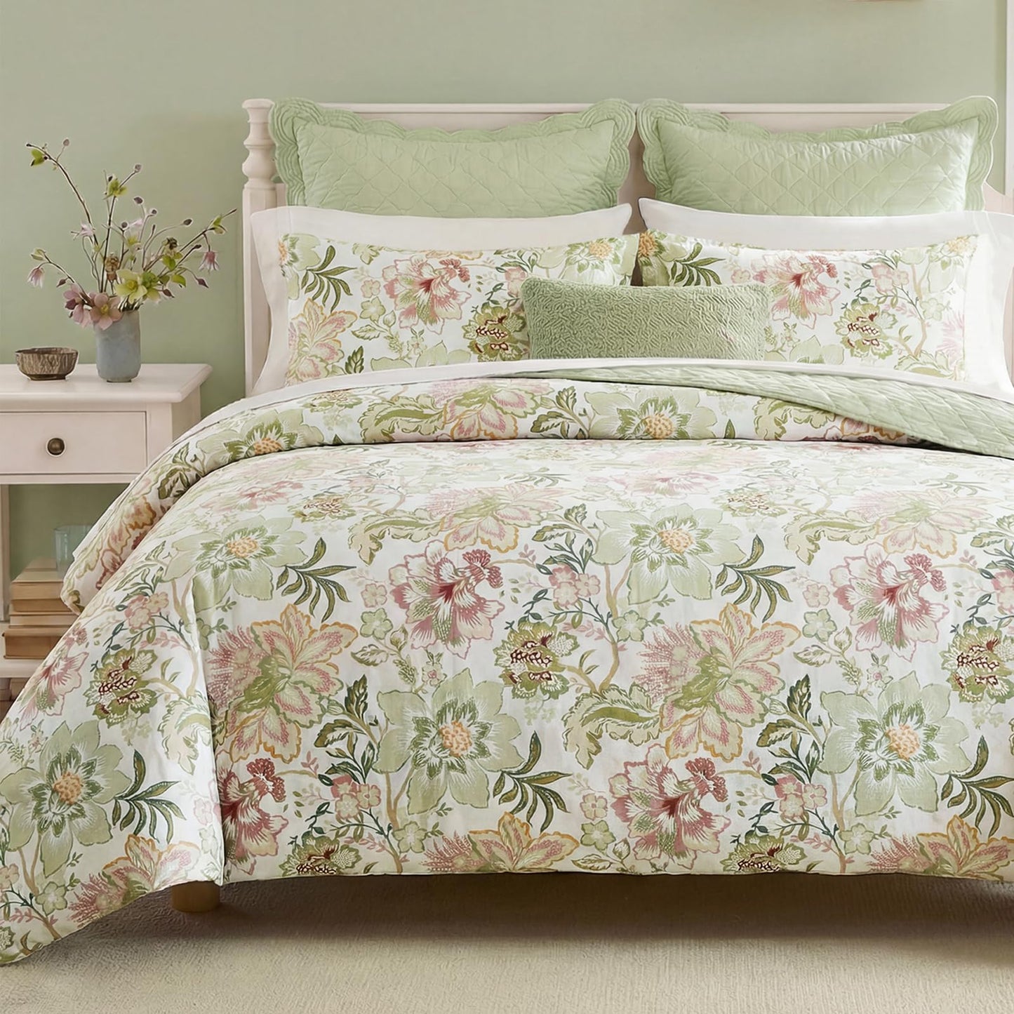 Bedorm 100% Cotton Duvet Cover Set Botanical Floral Bedding King Pink Flower Green Leaf French Country Bedroom Decor Soft & Durable Duvet Cover with Zipper Closure and Corner Ties