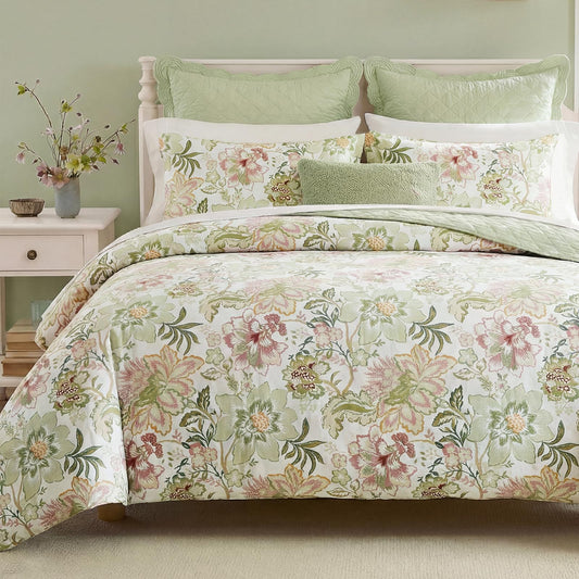Bedorm 100% Cotton Duvet Cover Set Botanical Floral Bedding King Pink Flower Green Leaf French Country Bedroom Decor Soft & Durable Duvet Cover with Zipper Closure and Corner Ties