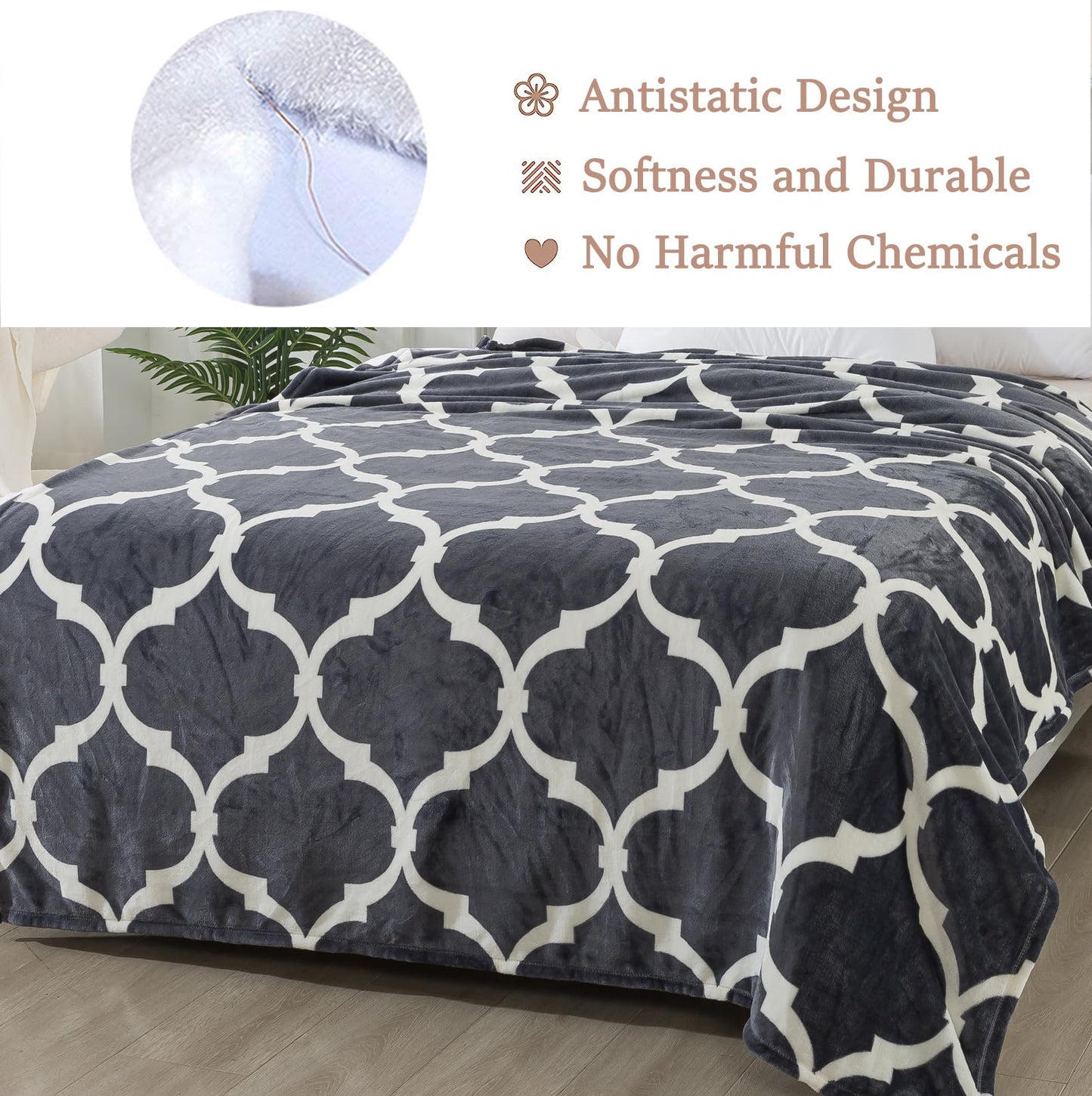 HOZY Gray Pattern King Size Blanket,90x108 Inches Microfiber Soft Cozy Fluffy Warm Hand Made Throw Blankets for King Calking Bed,Couch, Sofa, Chair, Camping, Picnic,Grey and White