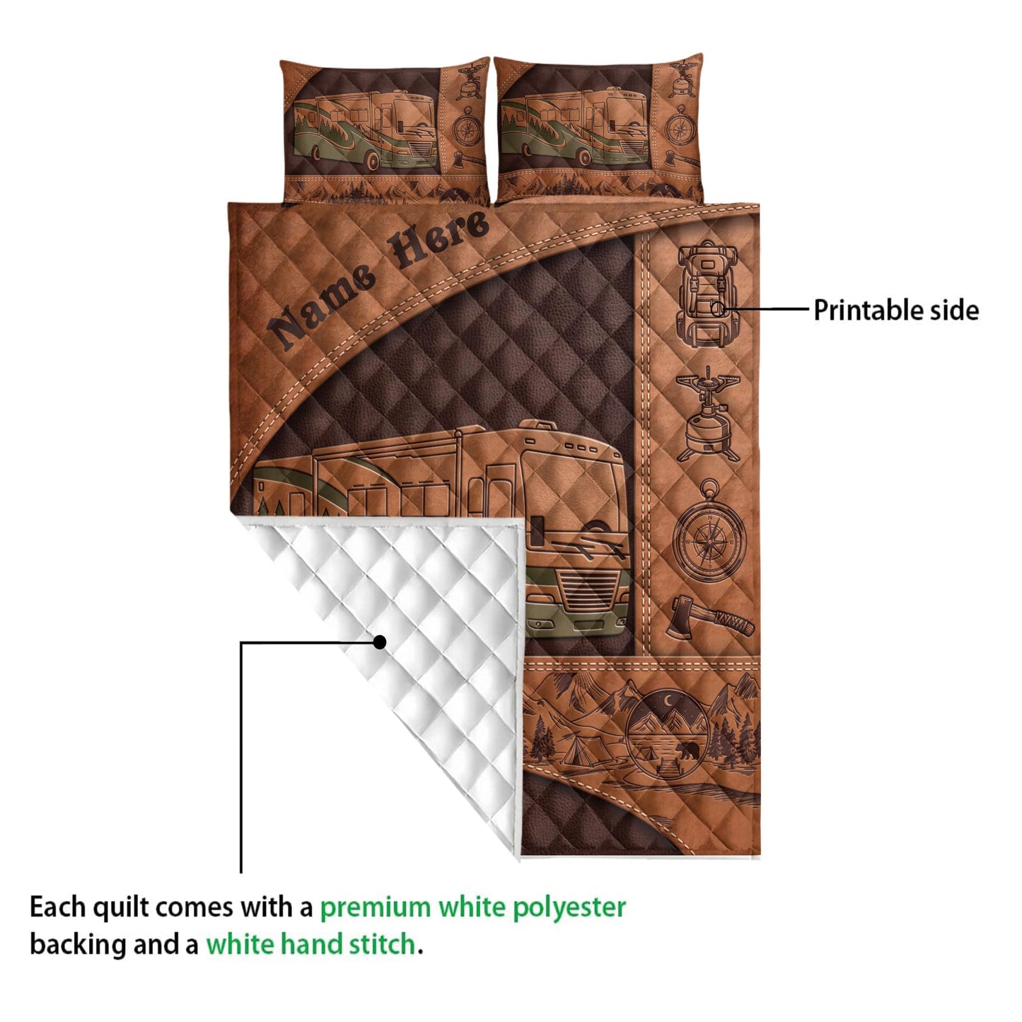 OhaPrints Custom Camping Lover Camper Class A Brown Gift Personalized Name Quilt Blanket & Pillowcases, Quilts Bedding Set & Pillow Cover, King Queen Double Twin Throw Full Size Bedspread Bed Sets