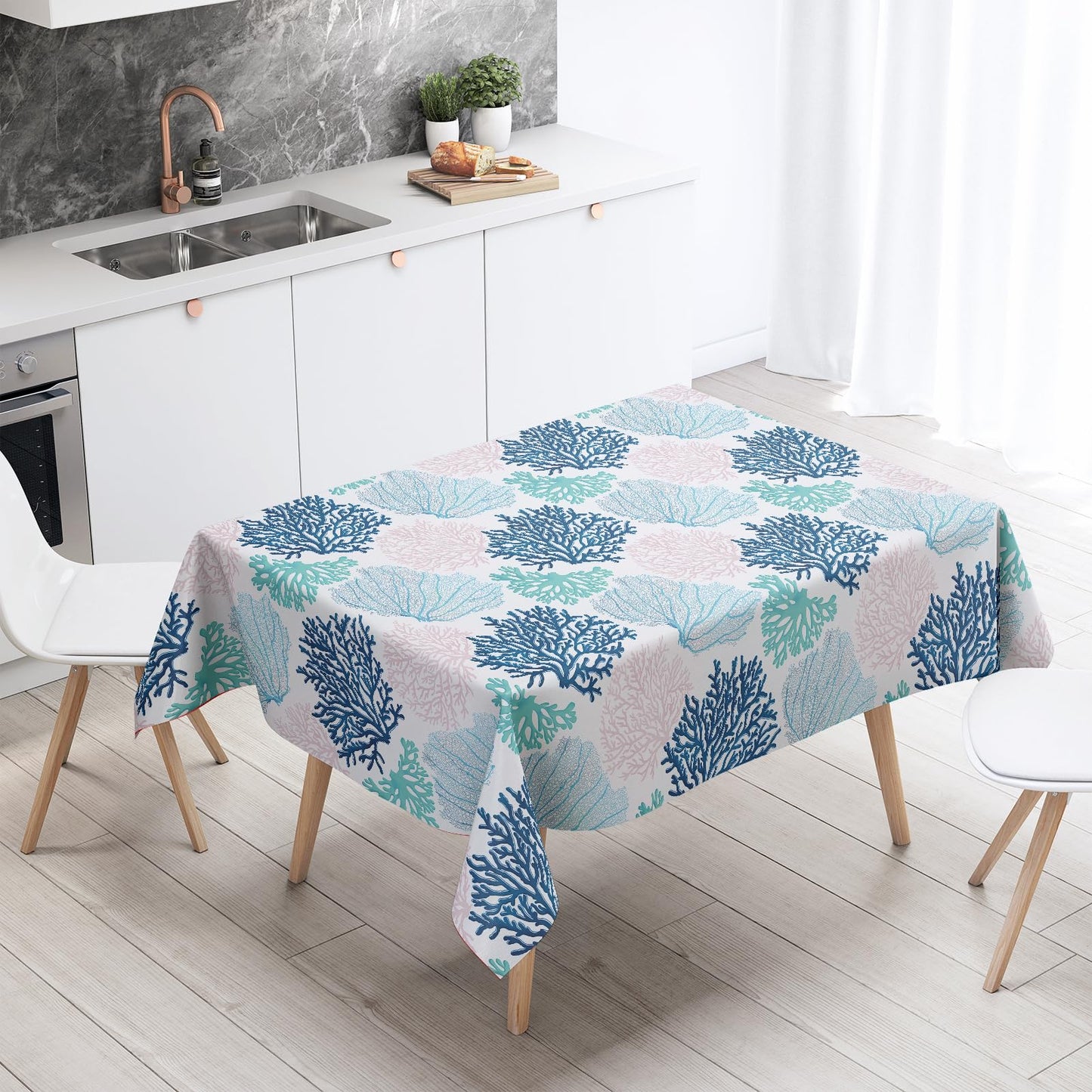 Ocean Tablecloth Coastal Nautical Rectangle Tablecloth Coral Print Ocean Themed Beach Decorative Waterproof Table Covers for Outdoor Dining Room Kitchen Living Room, 60x84 Inches, Navy/Blue/Teal/