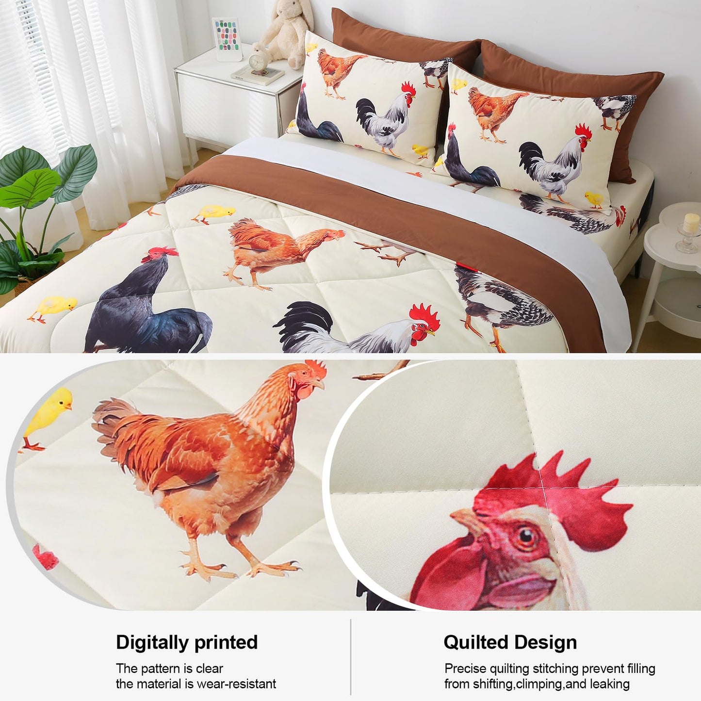 Wajade Chicken Comforter Set 7 Pcs Animal Theme Bedding Set Queen Size for Kids Adults Chicken Quilt Farm Theme Printed Pattern for Thanksgiving Birthday