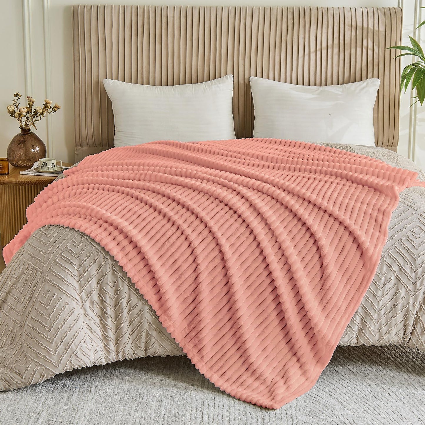 CHERAISA Throw Blanket for Couch - Flannel Fleece 3D Striped Ribbed Bed Blanket.Super Soft Blankets for Women Girls,Teacher Gifts Birthday Gifts Room Home Dorm Decor (Light Pink, Twin(60"x80"))