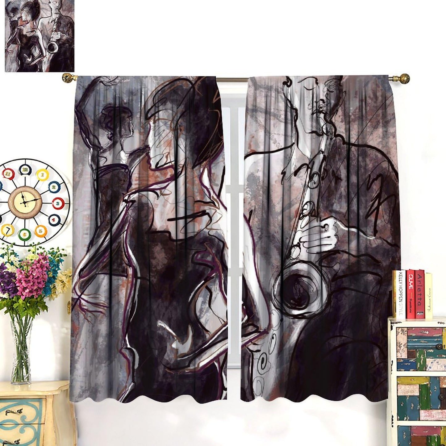 Abstract Black Woman Curtains, Modern Urban Art Hand Drawn Grey Brown Line Graffiti Musician Dancer Window Treatments, Blackout Rod Pocket Drapes For Living Room Bedroom Bathroom (21x45in)x2 Panels