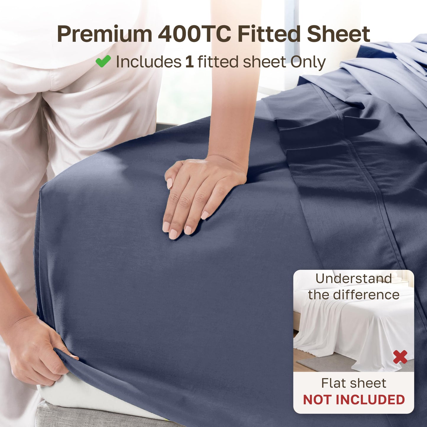 California Design Den King Size Cotton Fitted Sheet, Deep Pocket 400 Thread Count 100% Cotton Sateen, No Pop-Off Elastic, Durable Fitted Sheet Only (King, Indigo Dusty Blue)
