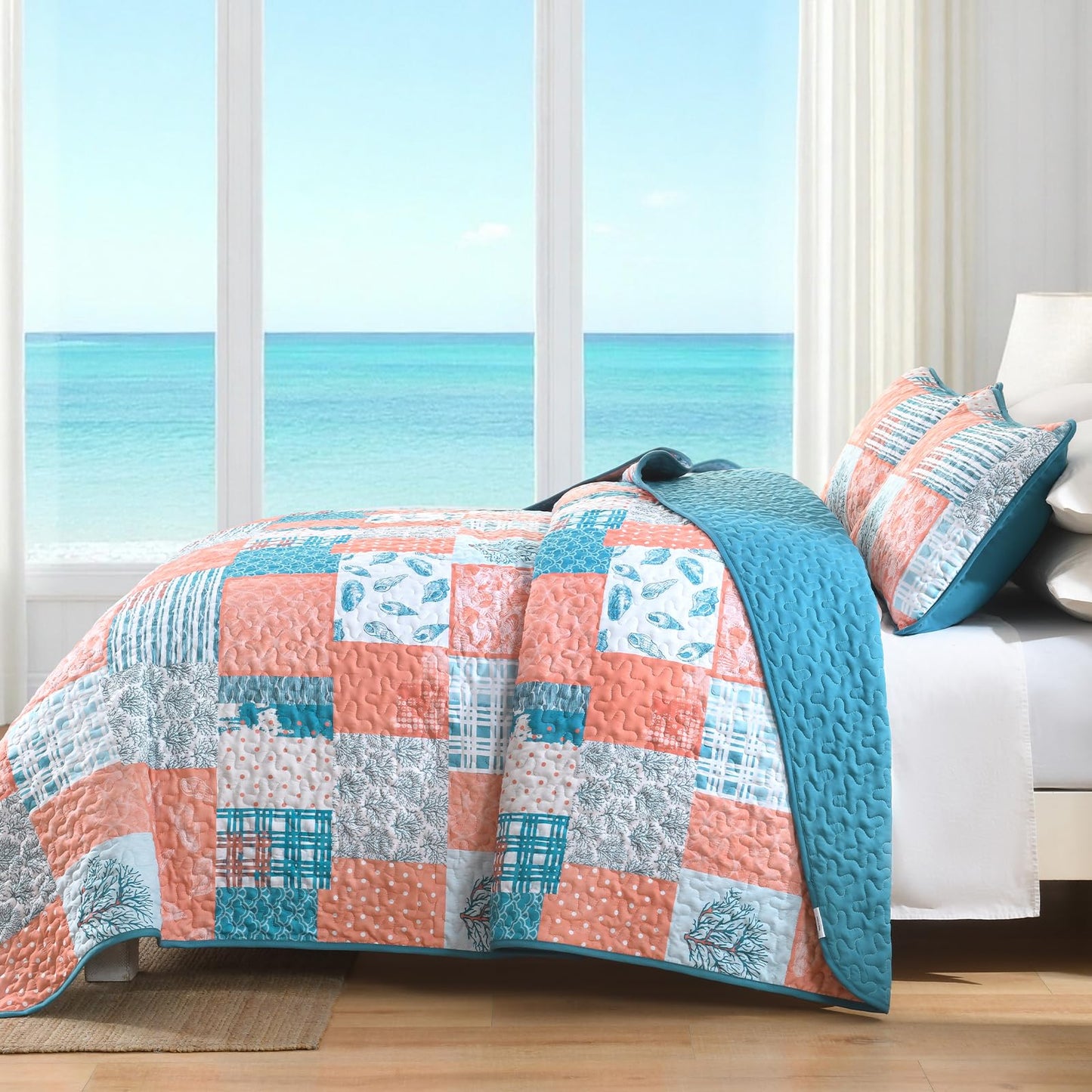 Xruibed Coral Pink Ocean Quilt Set Queen Coastal Beach Theme Quilt Soft Microfiber Bedspread with 2 Pillow Shams Patchwork Beach Bedding Quilt for All Season 90"x96"