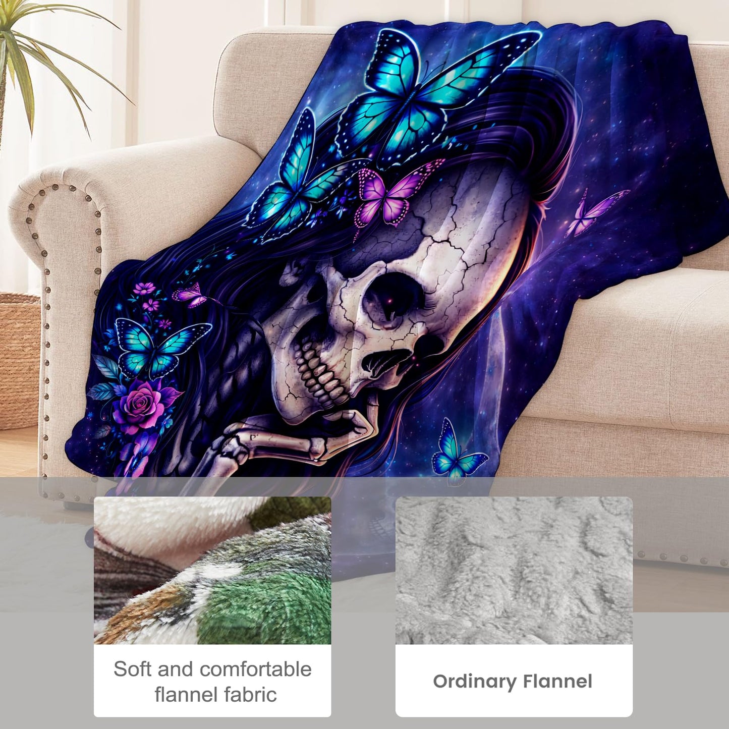 cromcu Gothic Skull Butterfly Flannel Blanket, 60" x 50", Soft Warm Cozy Decorative Throw with Floral Skeleton and Moon, for Women Goth Lovers, Sofa Couch Bed Living Room Bedroom