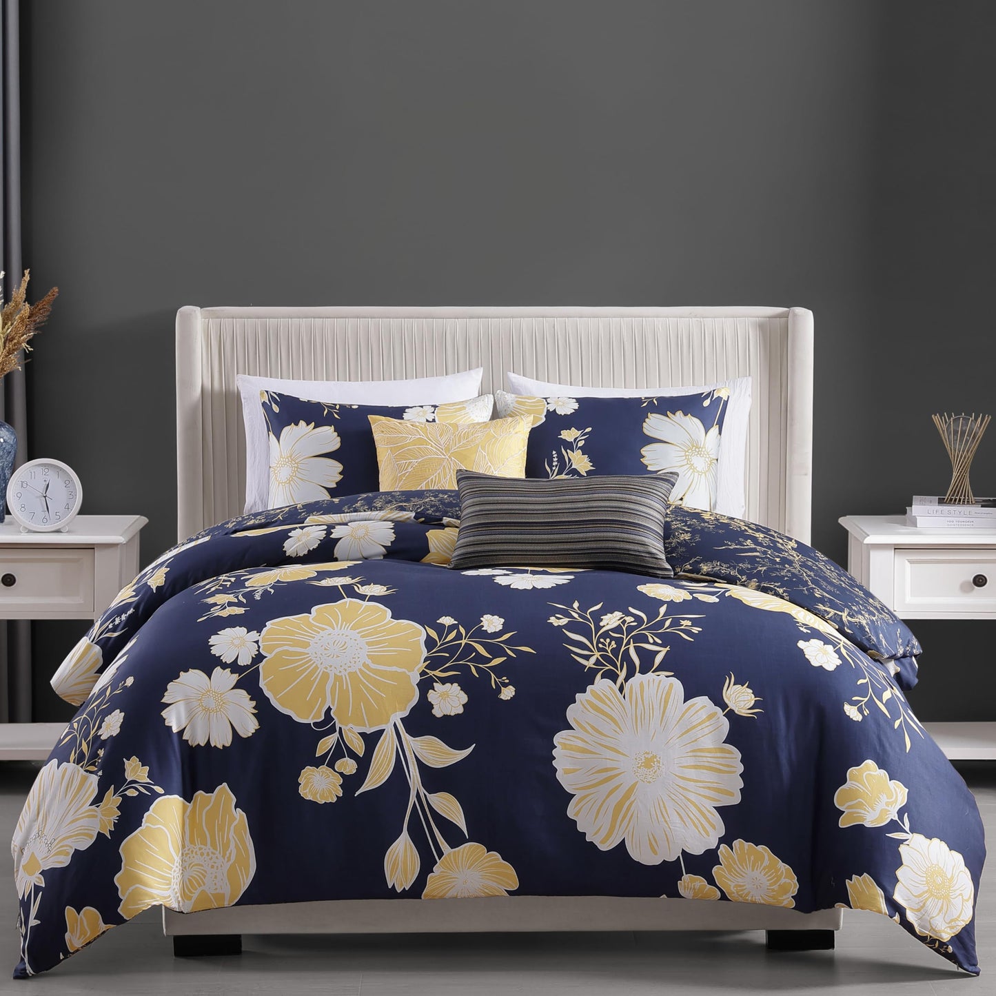 Bebejan Sunglow 5 Piece Comforter Set, 100% Cotton Sateen, 220 Thread Count, Blue Reversible Bedding Comforter Set, 1 Comforter, 2 Shams & 2 Pillows (King/Cal King)