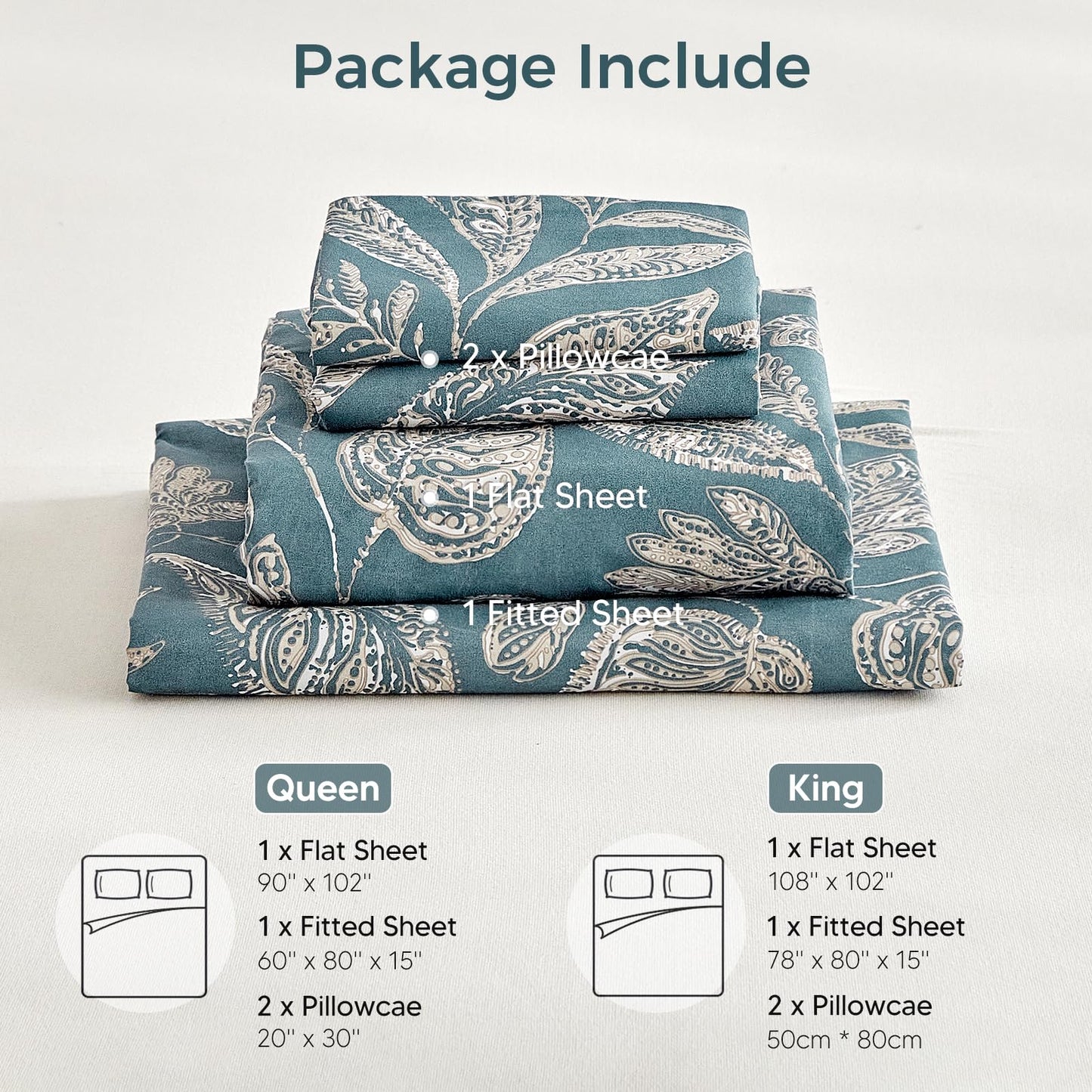 Tokokimo Paisley Sheets Set King Size, 16 inches Deep Pocket Fitted Sheet, Flat Sheet & Envelope Closure Pillowcases, Soft Breathable Microfiber Sheet Set 4-Piece, Blue Leaf Floral
