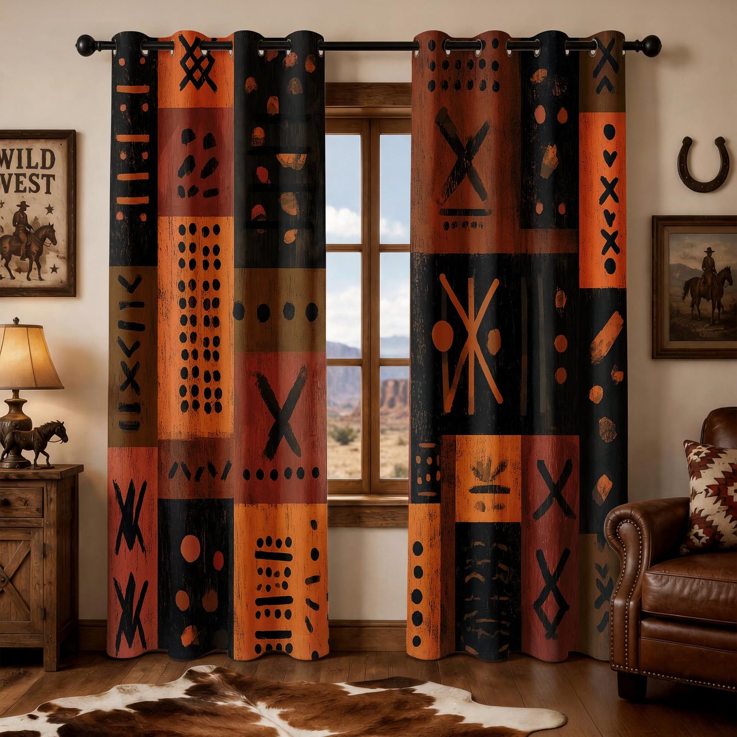 African Tribal Curtains 54 Inch Length 2 Panels Set, Mud Cloth Geometric Patchwork Patterned Blackout Curtains for Kitchen, Thermal Insulated Room Darkening Grommet Drapes