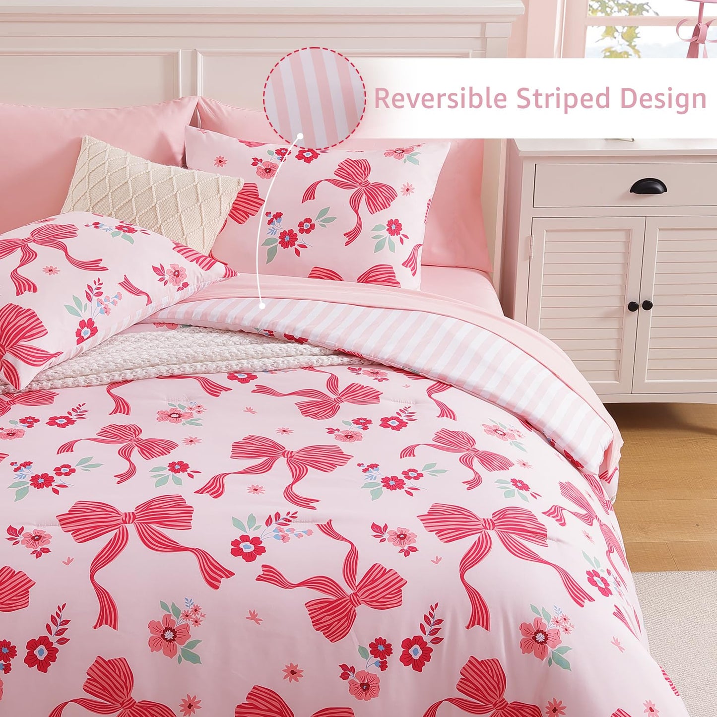 AMBERSPACE Twin XL Comforter Set for Girls, Pink Bow Bedding Set with Cute Floral, All Season Kids Dorm Bed in a Bag 5 Pieces with Sheets, Pillowcase & Sham