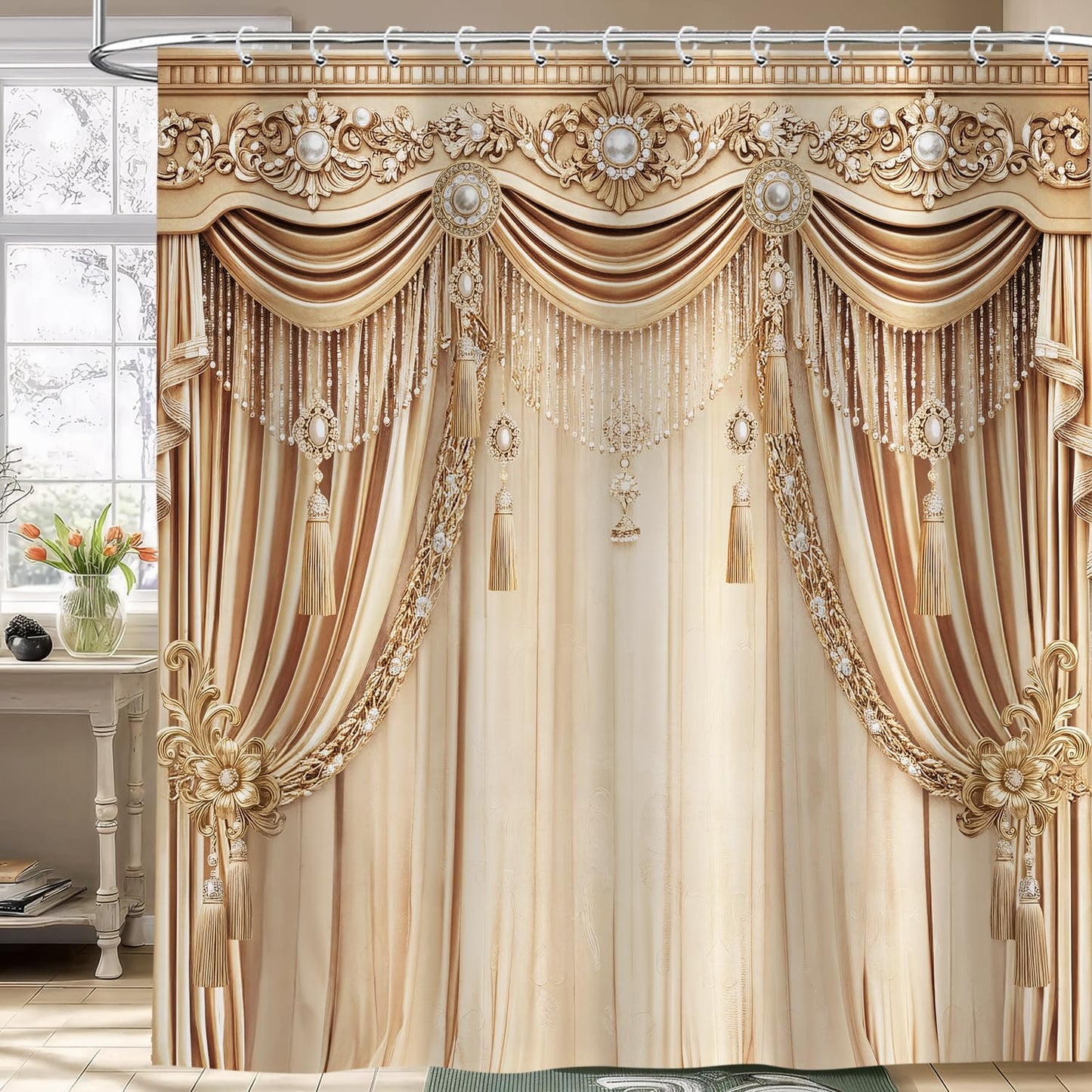 Brystan Gold Luxury Shower Curtain, Elegant Funky Champagne Modern European Style Shower Curtains Set, Vintage Ornate Aesthetic Shower Curtains for Bathroom Polyester Fabric with Hooks 72X72IN