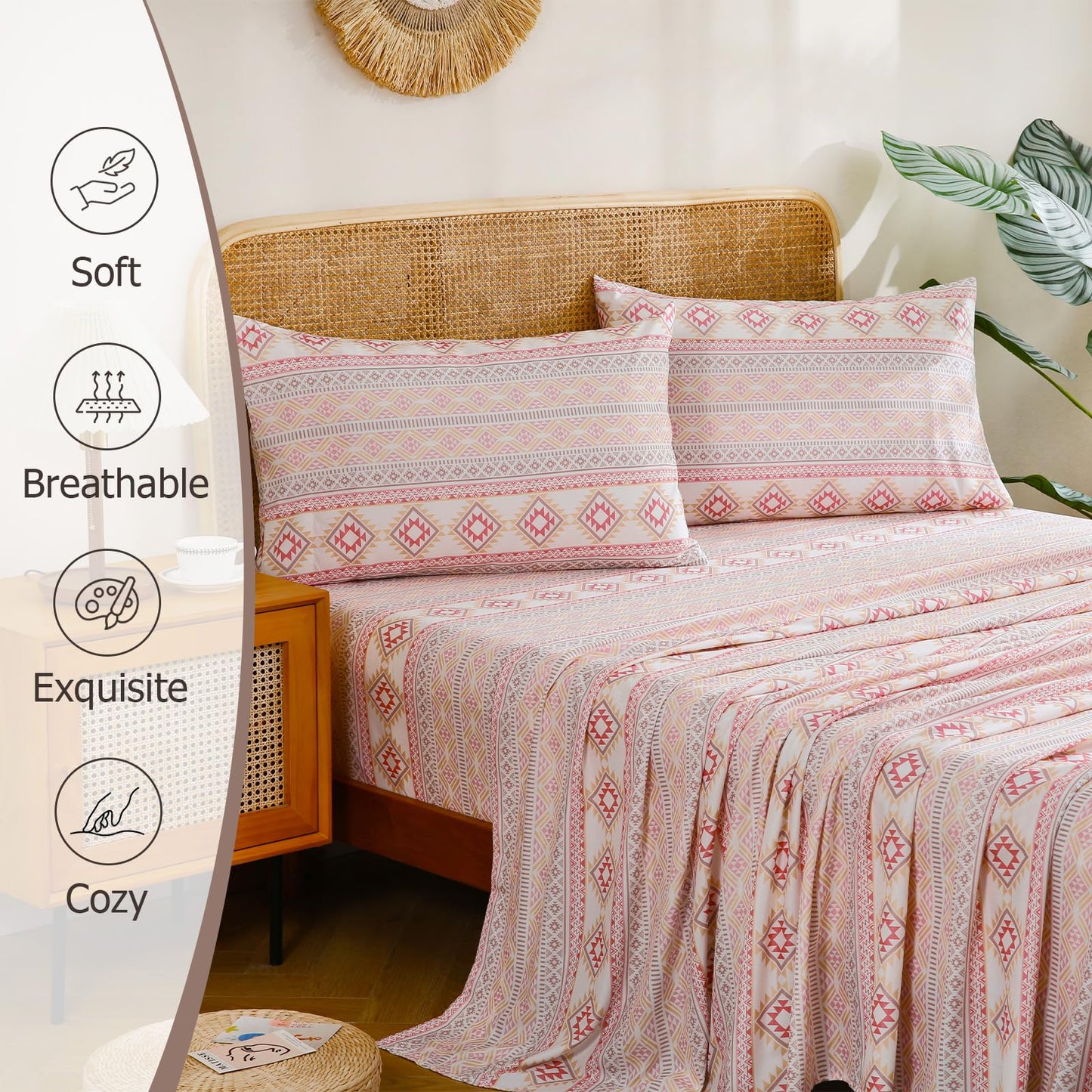 CozySmile Boho Sheet 4 Pieces King Sheet Set Bohemian, Breathable Soft Microfiber 16" Deep Pocket, Western Bedding Sheets Geometric(King, Pastel Pink Geometric)