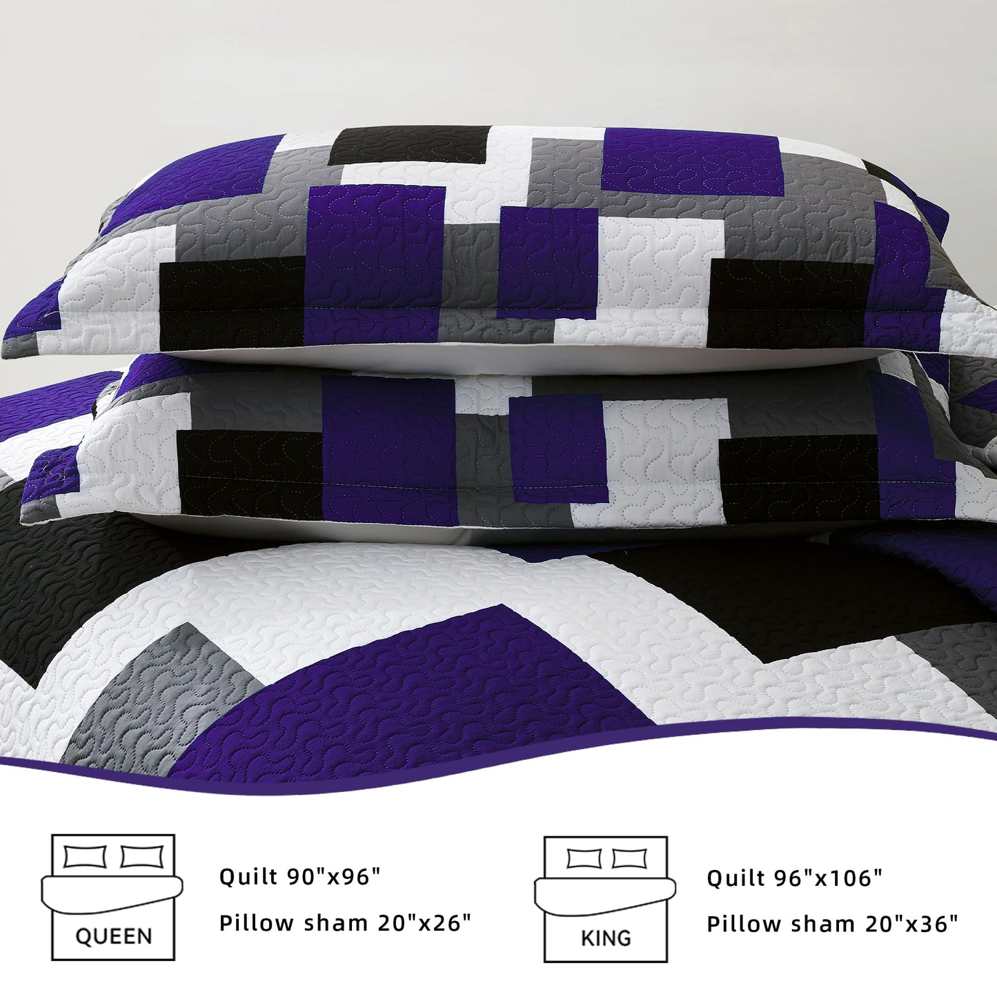 Tyrot 3 Piece Dark Purple Grey Quilt Set Full/Queen Size Black White Geometric Reversible Bedding Set Microfiber Lightweight Bedspread Coverlet with 2 Shams Modern Bed Covers for All Season, 90''x96''