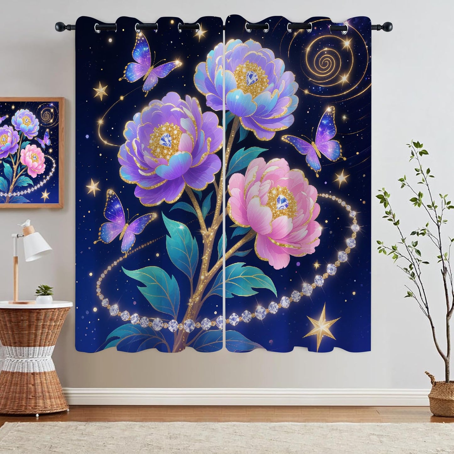 Shiny Fantasy Flowers Blackout Curtains, Flying Beautiful Butterfly 3D Print Pattern Curtain, 2 Panels Thermal Insulated Top Grommet Darkening Drapes for Living Room Bedroom(84" W x 84 "L)
