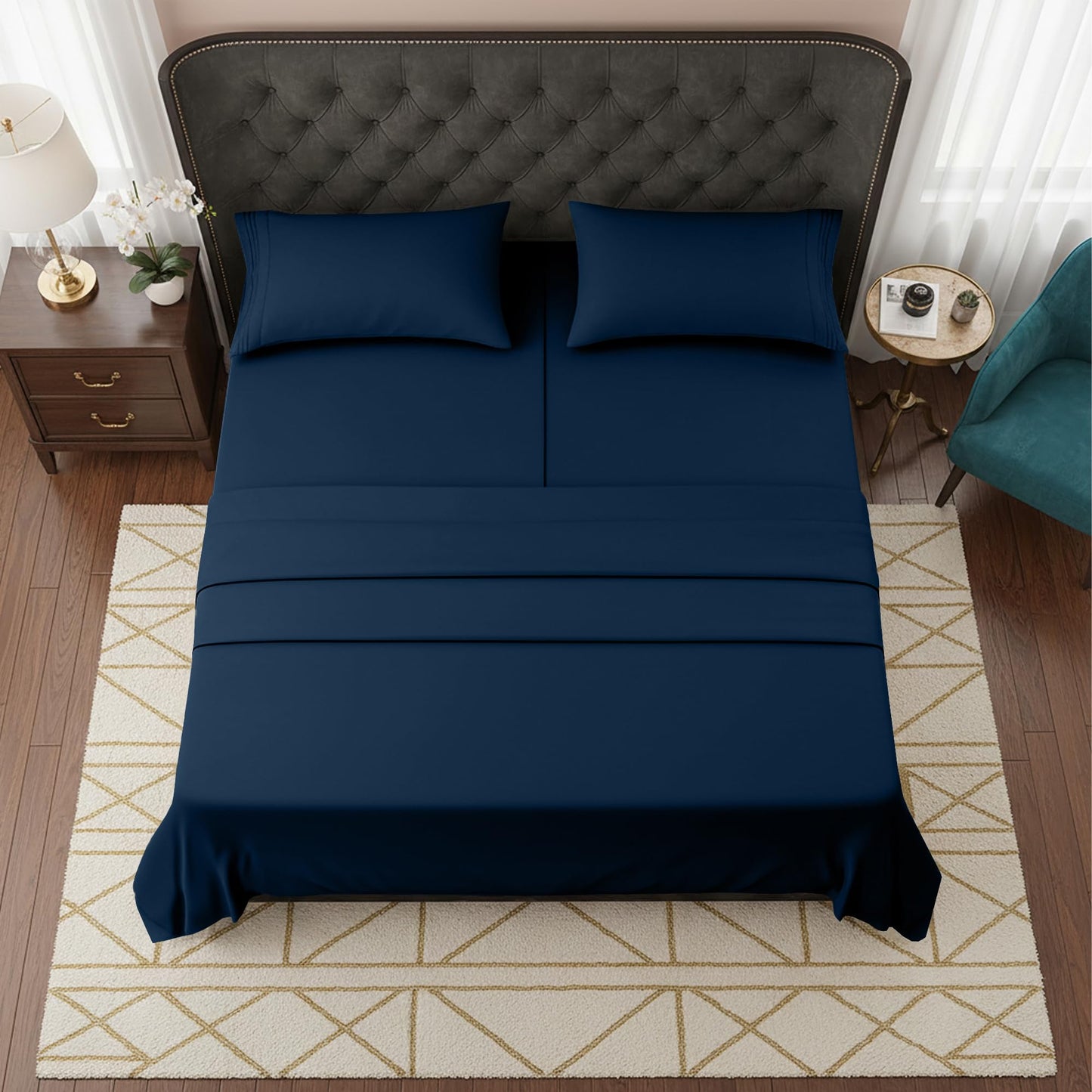 Elegant Comfort Luxurious 1500 Premium Hotel Quality Microfiber Three Line Embroidered Softest 5-Piece Bed Sheet Set, Wrinkle and Fade Resistant, Split King, Navy