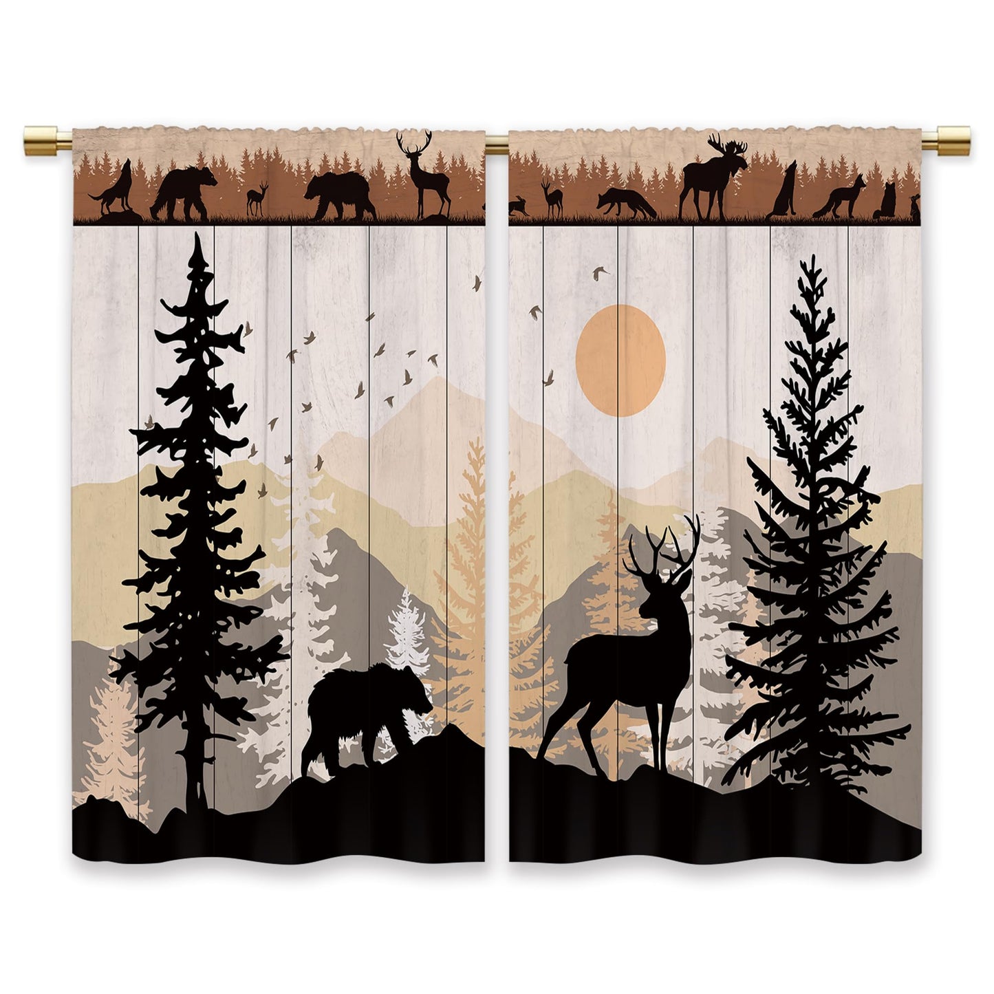 Laifzere Farmhouse Forest Cabin Kitchen Curtains Rustic Wooden Small Short Cafe Window Curtains Tree Country Deer Bear Rod Pocket Bathroom Window Drapes Treatment Tier Curtains 2 Panels (27.5x39 Inch)
