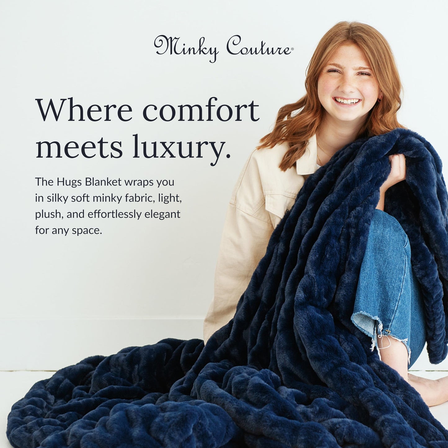 Minky Couture Hugs Blanket - Extra Plush Blanket for Premium Gifting - Stretchy Bubbled Cozy Throw - Silky Smooth - Durable & Machine-Washable - Travel-Friendly - Adult, Navy
