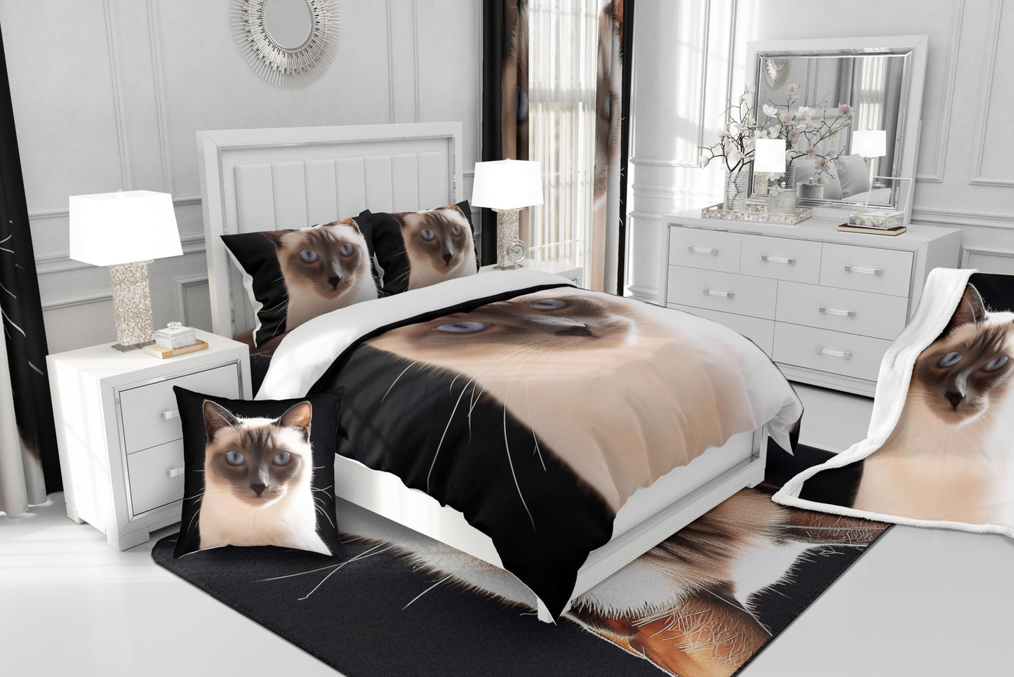 Feelyou Cute Cat Sherpa Blanket Siamese Cat Fleece Throw Blanket Girls Cartoon Pet Cat Plush Blanket Lightweight Microfiber Fuzzy Blanket for Sofa Bed Couch 50" x 60"