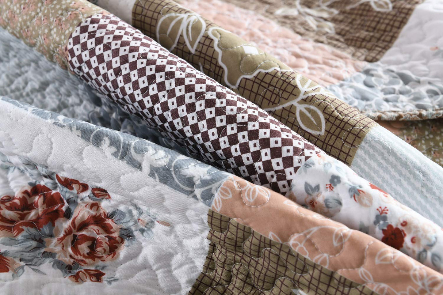 Travan 3-Piece King Quilt Set Quilted Bedspread Lightweight Reversible Coverlet Set Floral Printed Quilted Bedding Set with Shams for All Season, Brown Floral, King Size