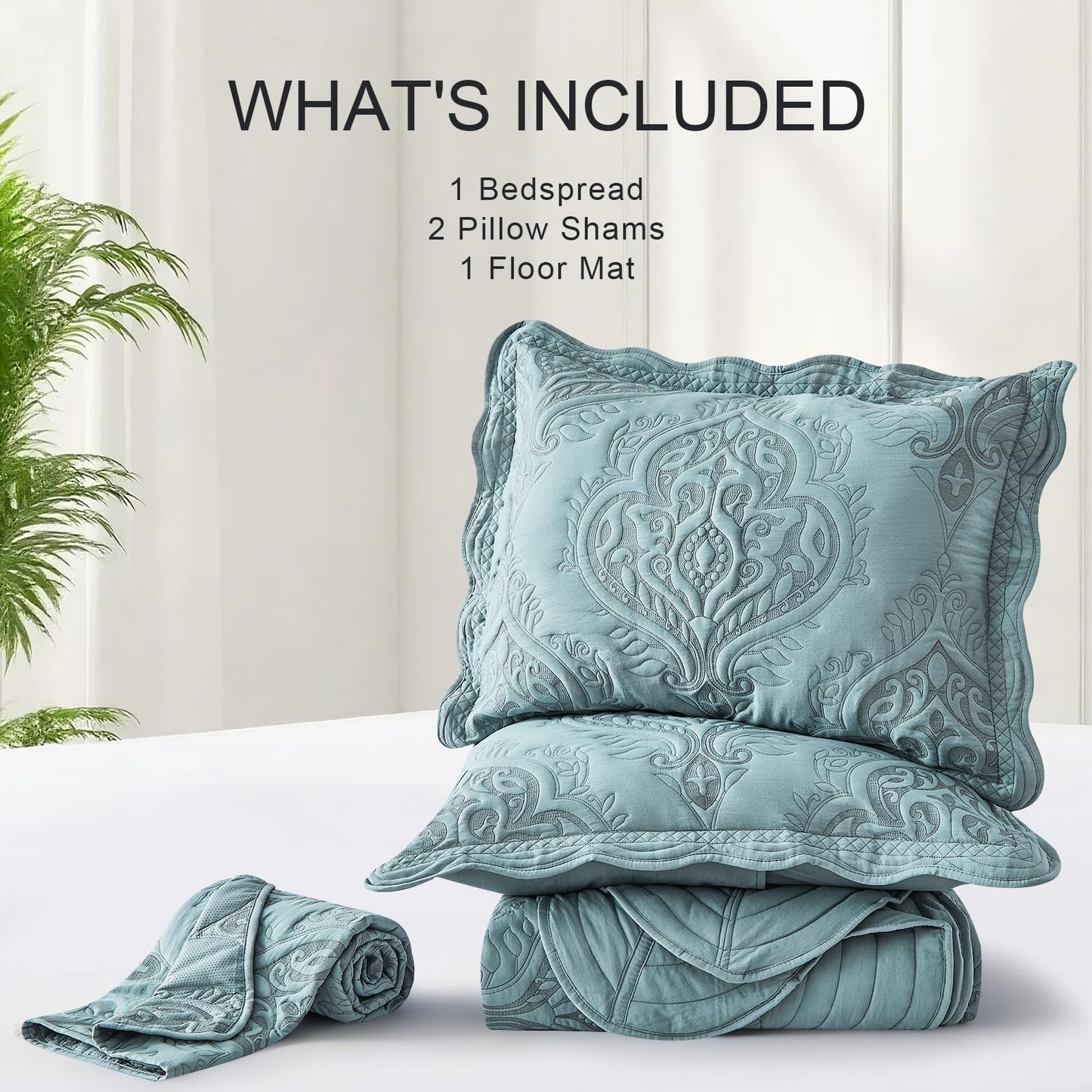 DaisyHuang Oversized Bedspread Coverlet Set King Size - Lightweight Bedding Cover - Beautiful Stitching -Luxury Damask Paisley Pattern Quilt Set, Reversible, 4 Piece with Floor Mat, Dusty Blue